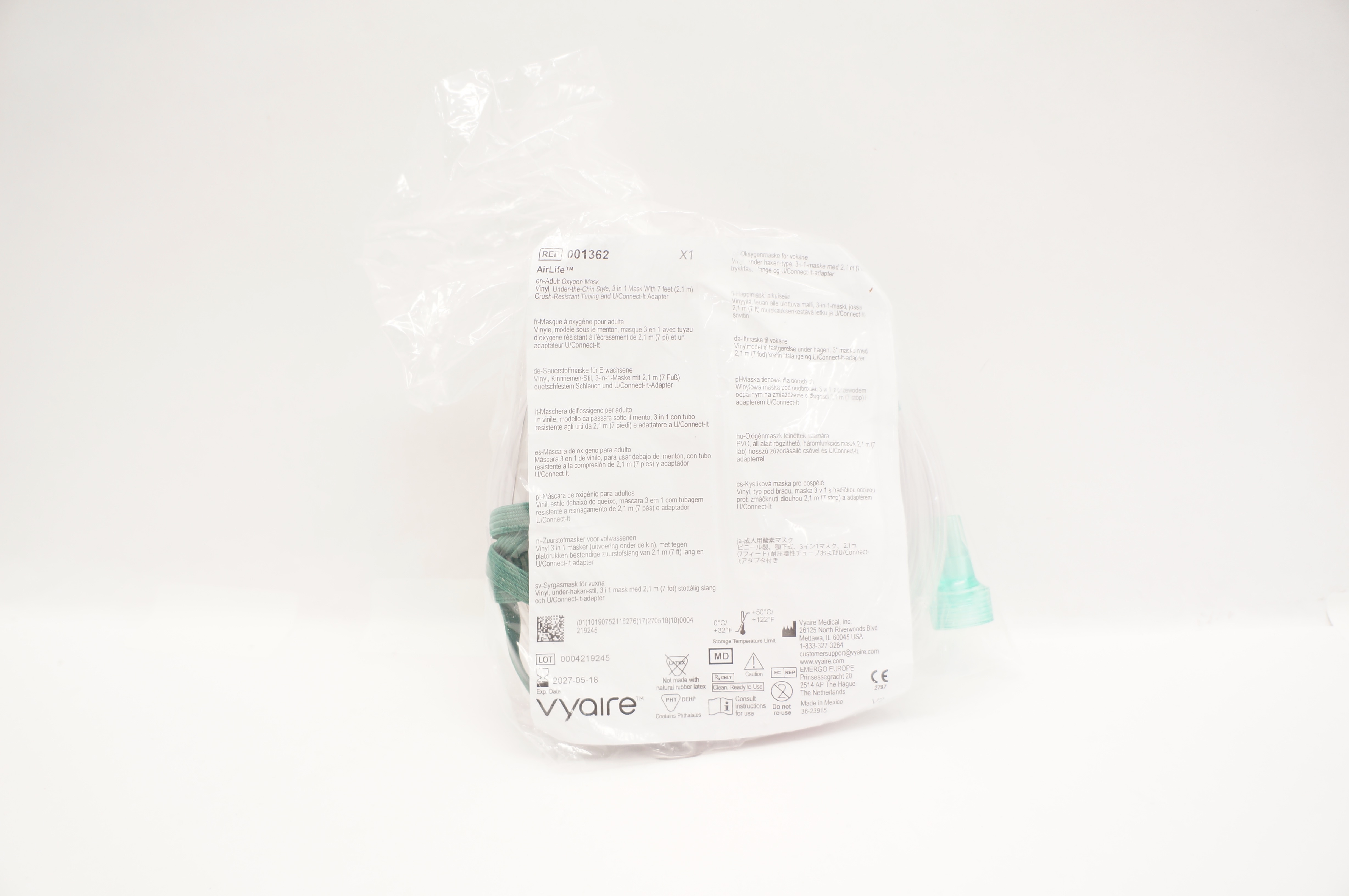 Vyaire 001362 AirLife Adult Oxygen Mask Vinyl w/7ft. Tubing & U/Connect