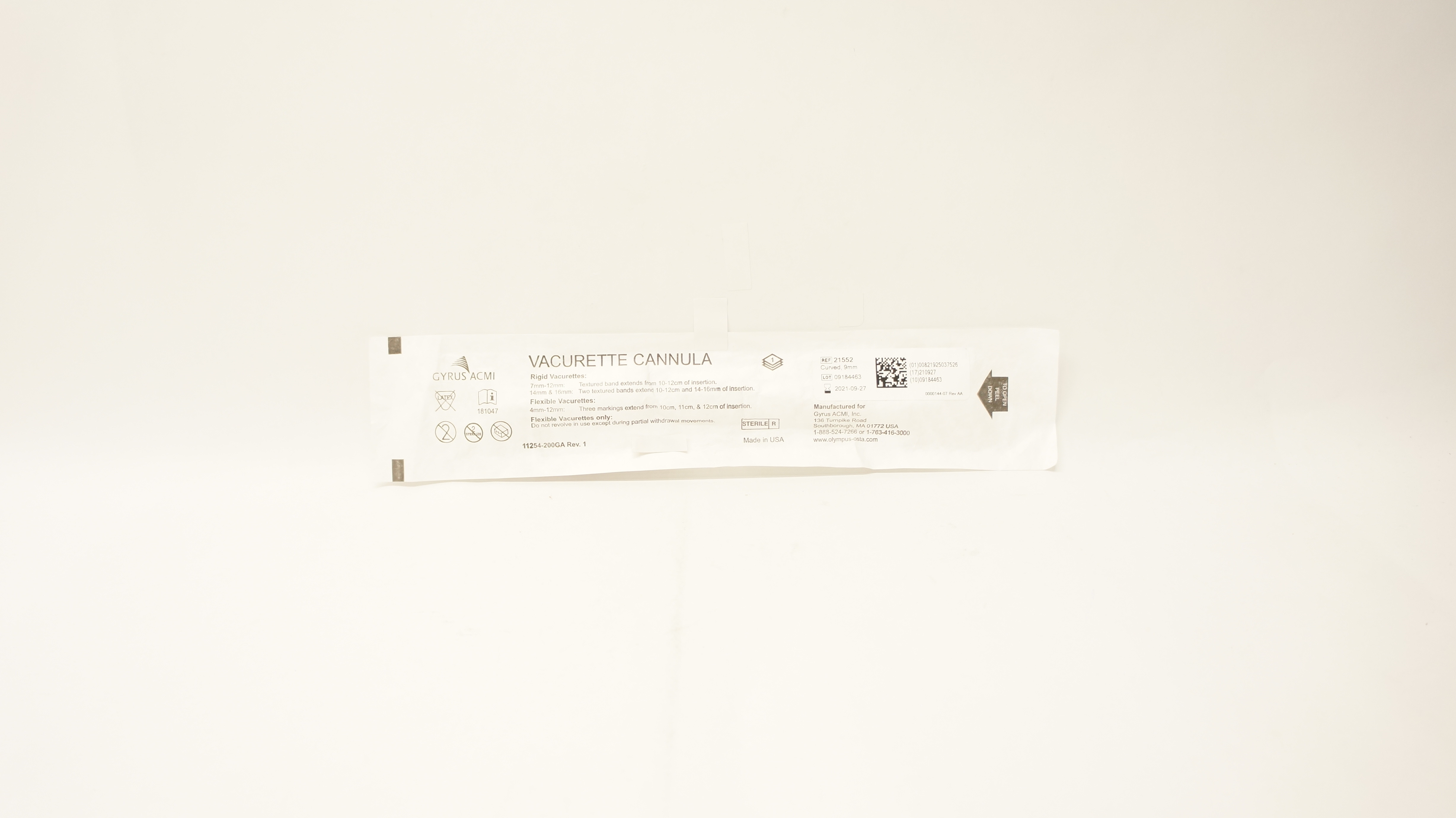 Gyrus ACMI 21552 Vacurette Cannula Curved Rigid OD 9mm (x)