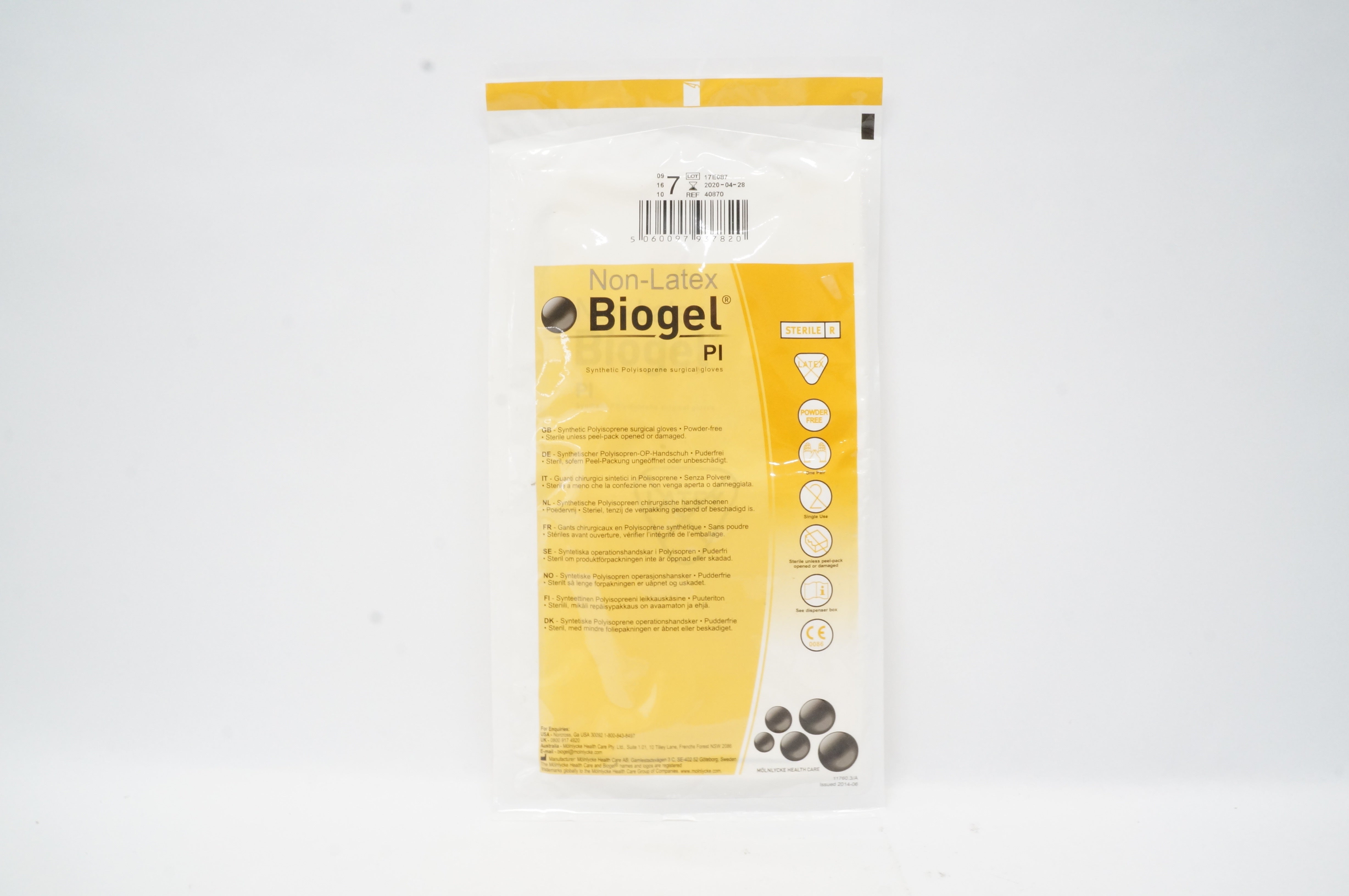 Molnlycke Healthcare 40870 NonLatex Biogel Pl Surgical Gloves, 7 (x)
