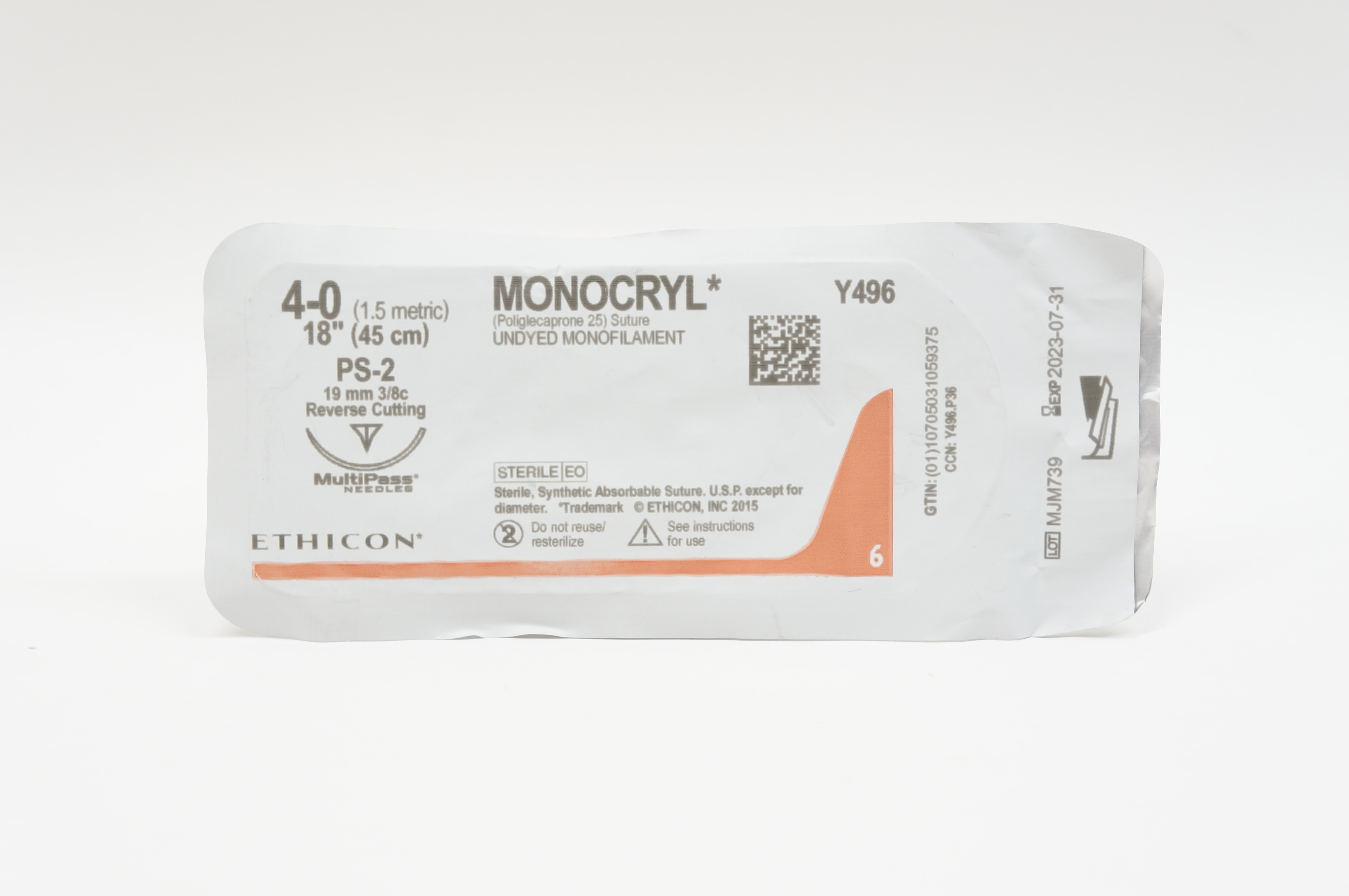 Ethicon Y496 4-0 MONOCRYL, PS-2, 19mm 3/8c Reverse Cutting, 18inch
