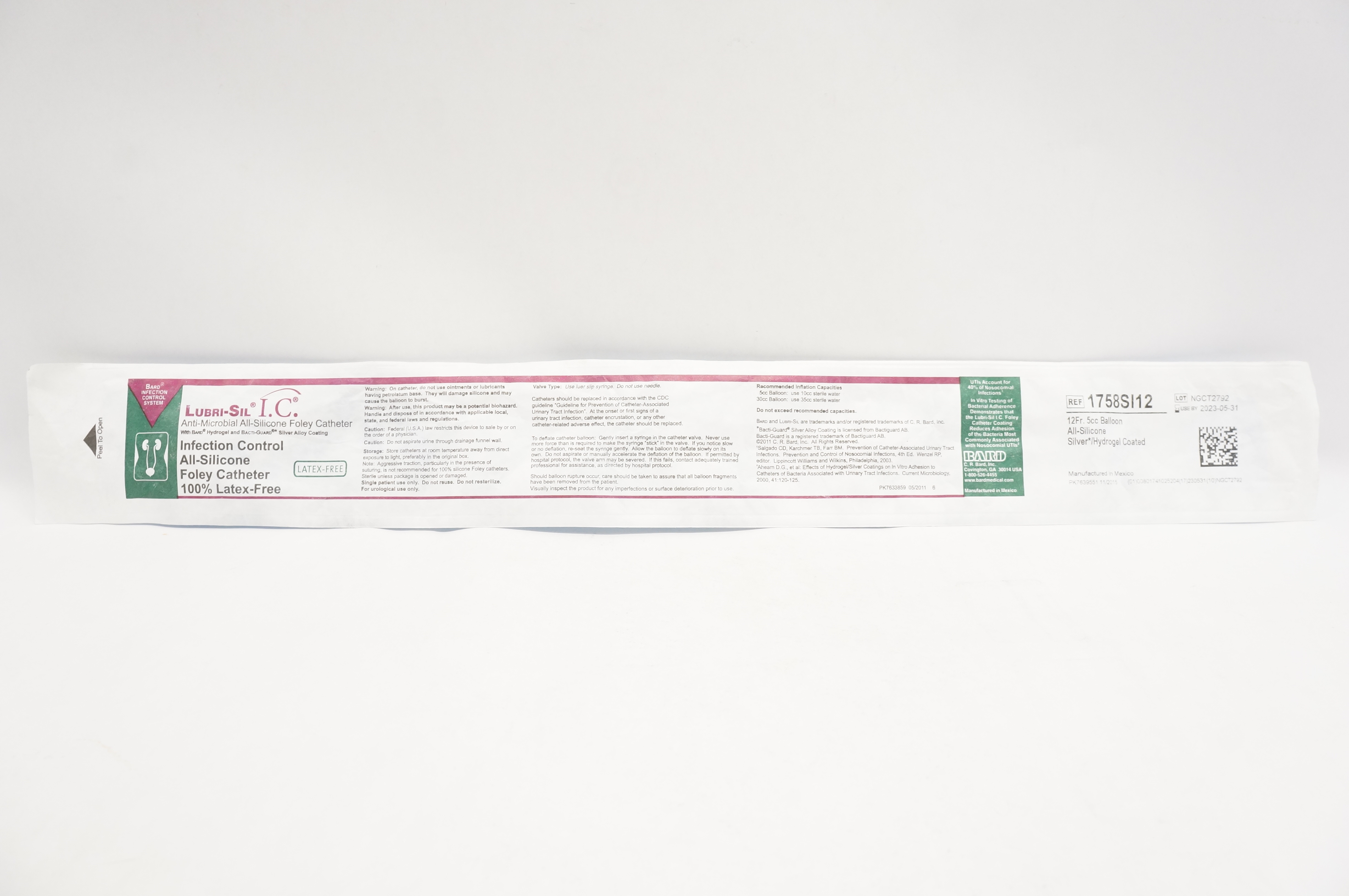 Bard 1758SI12 Lubri-Sil I.C. Anti-Microbial All-Silicone Foley Cath. 12Fr