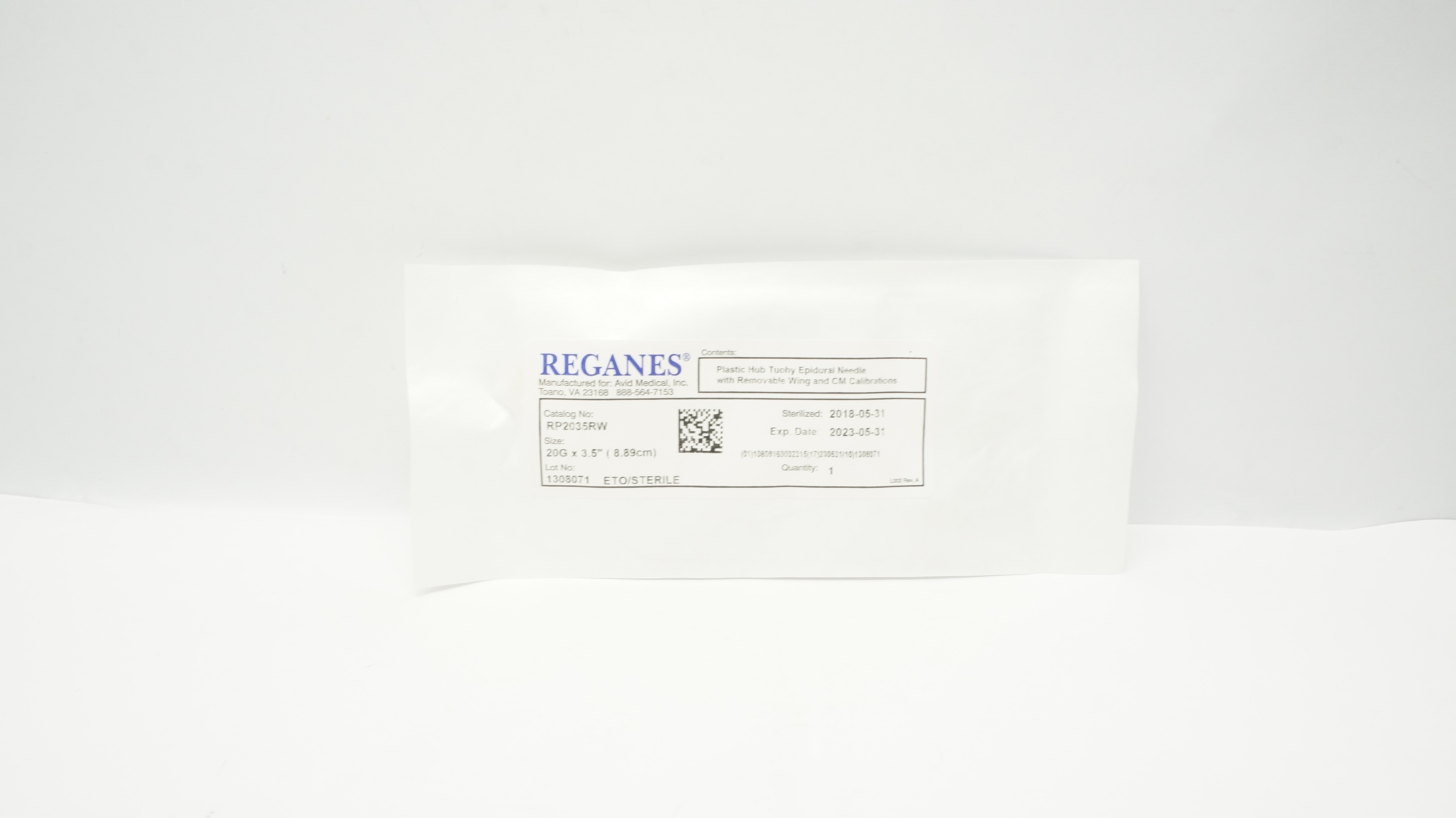 Reganes RP2035RW Plastic Hub Tuohy Epidural Ndle 20G x 3.5inch (x)