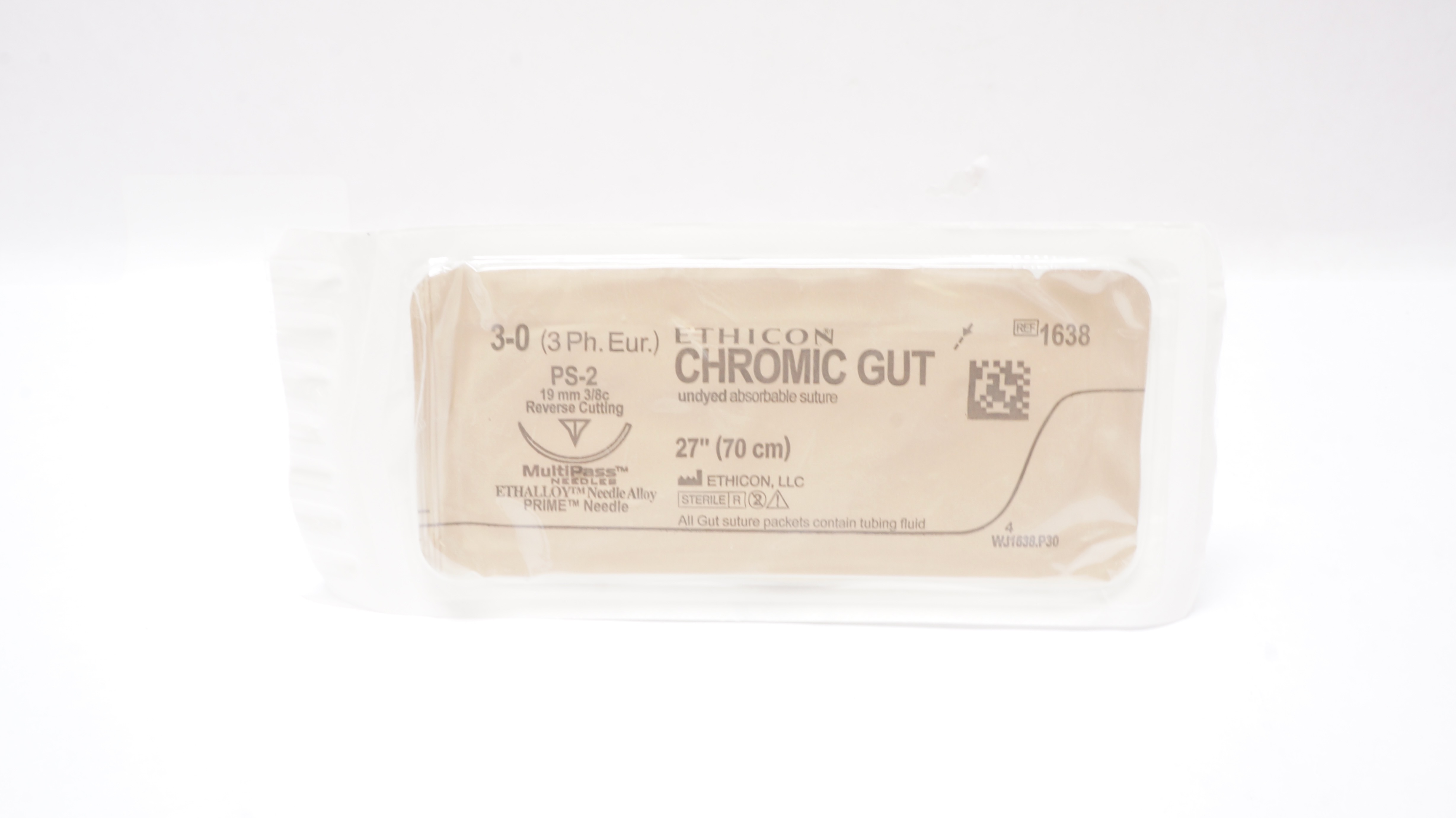 Ethicon 1638 3-0 Chromic Gut PS-2 19mm 3/8c Reverse Cutting 27inch
