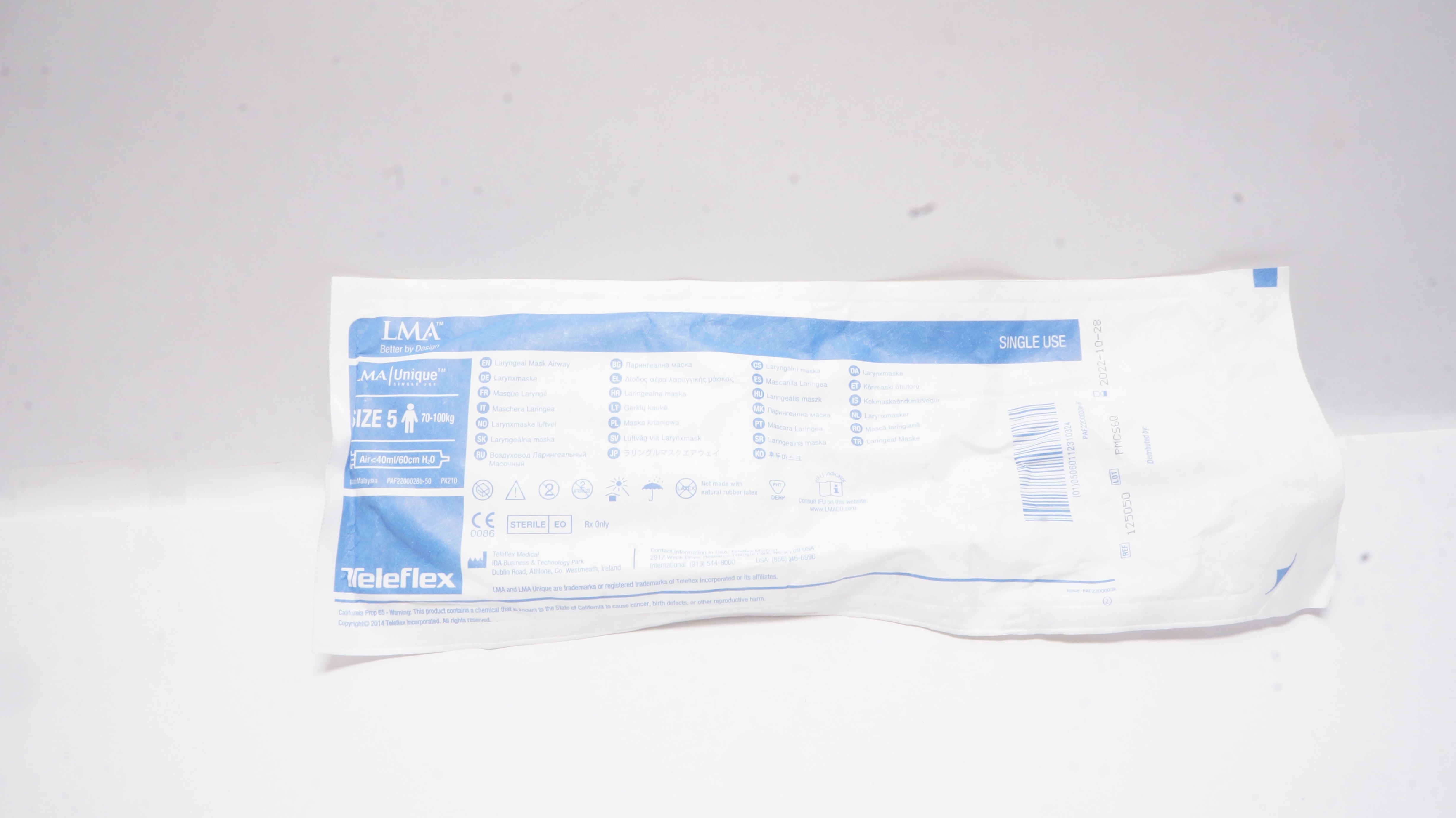 Teleflex 125050 LMA Unique Laryngeal Mask Airway, Size 5 70-100kg <40ml/60cm (x)