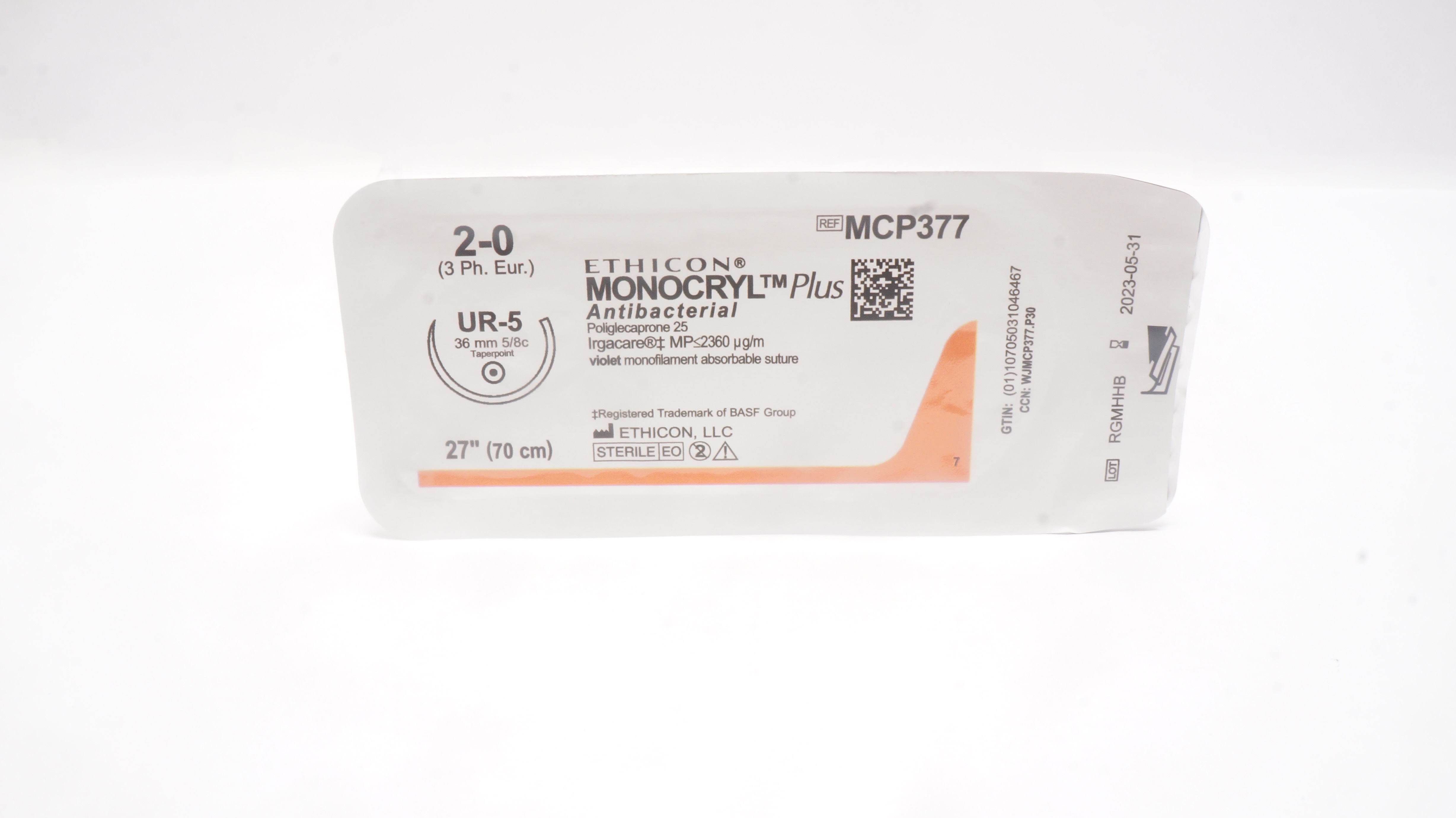 Ethicon MCP377 2-0 MONOCRYL Plus, UR-5, 36mm 5/8c Taper, 27inch (x)