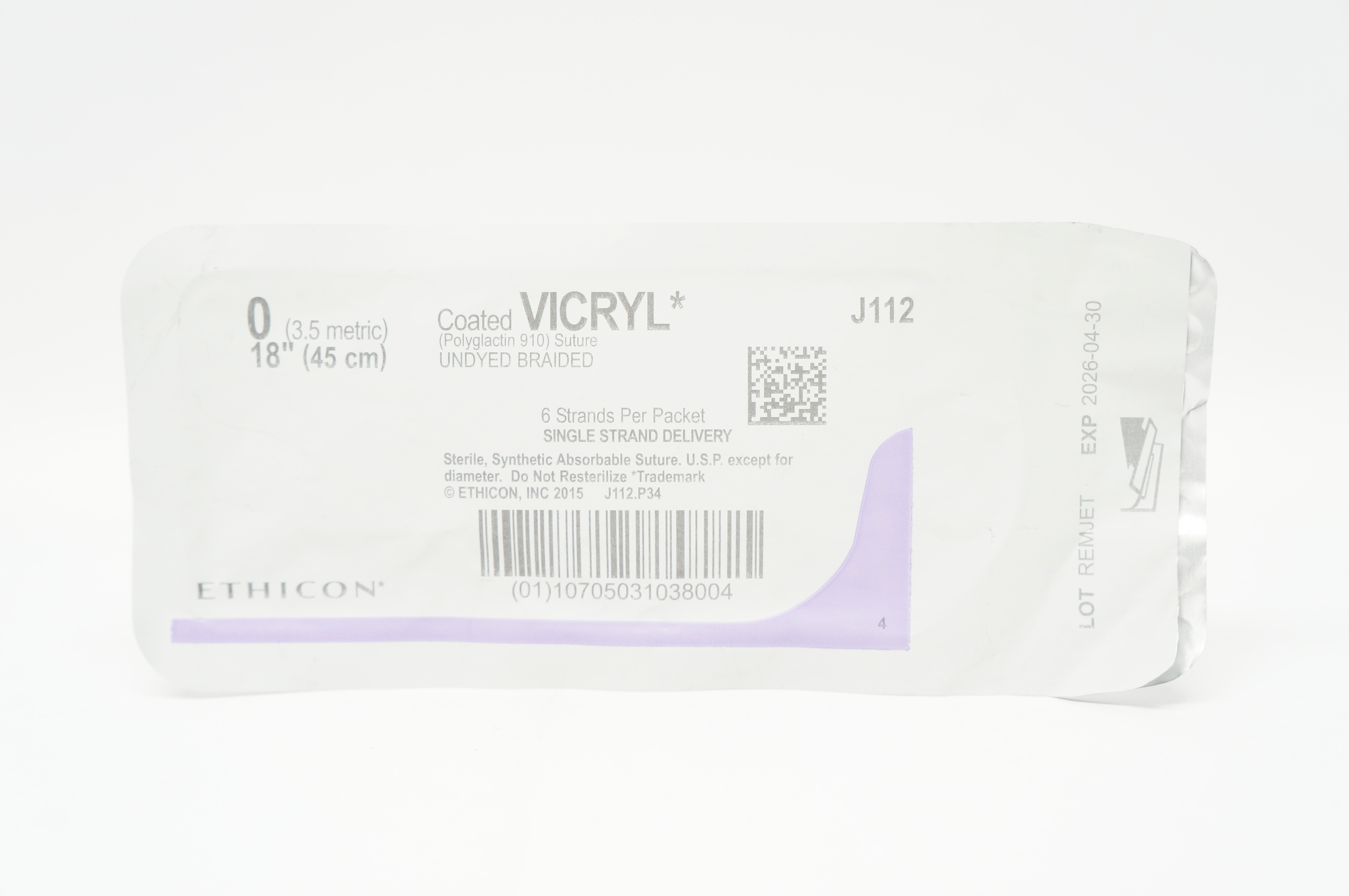 Ethicon J112 0 Coated VICRYL Stre. Undyed Braided, 18inch