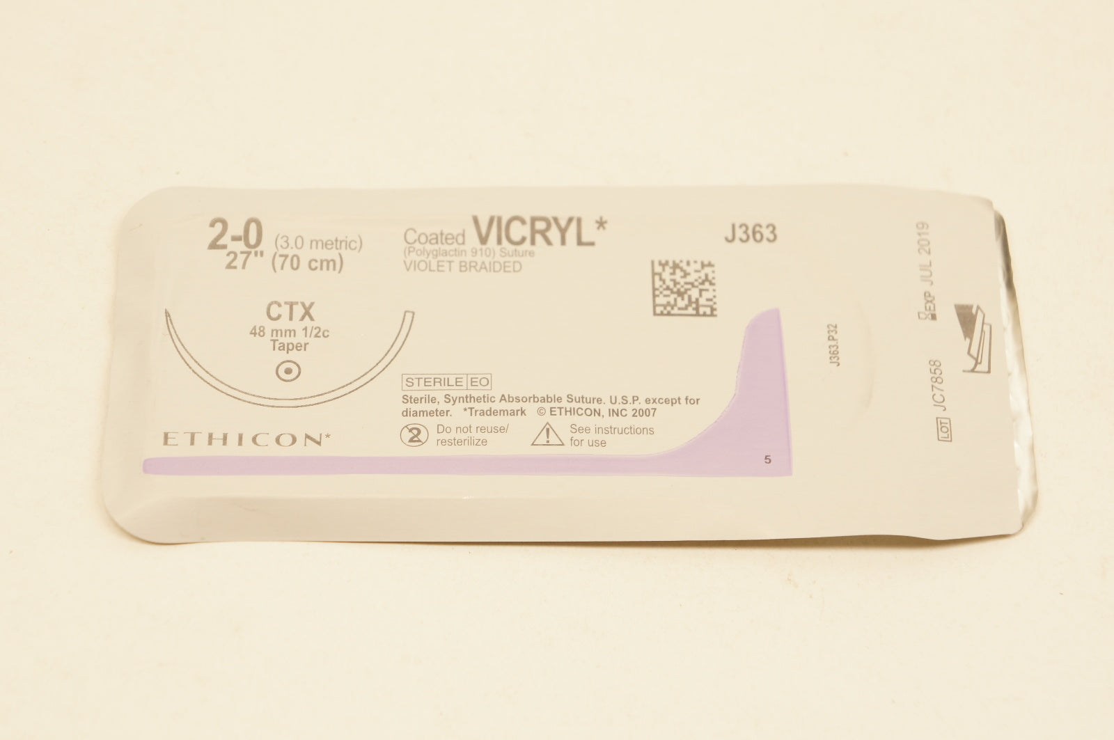 Vic Ryp Ethicon J363 2-0 VICRYL, CTX, 48mm 1/2c Taper, 27inch (x)
