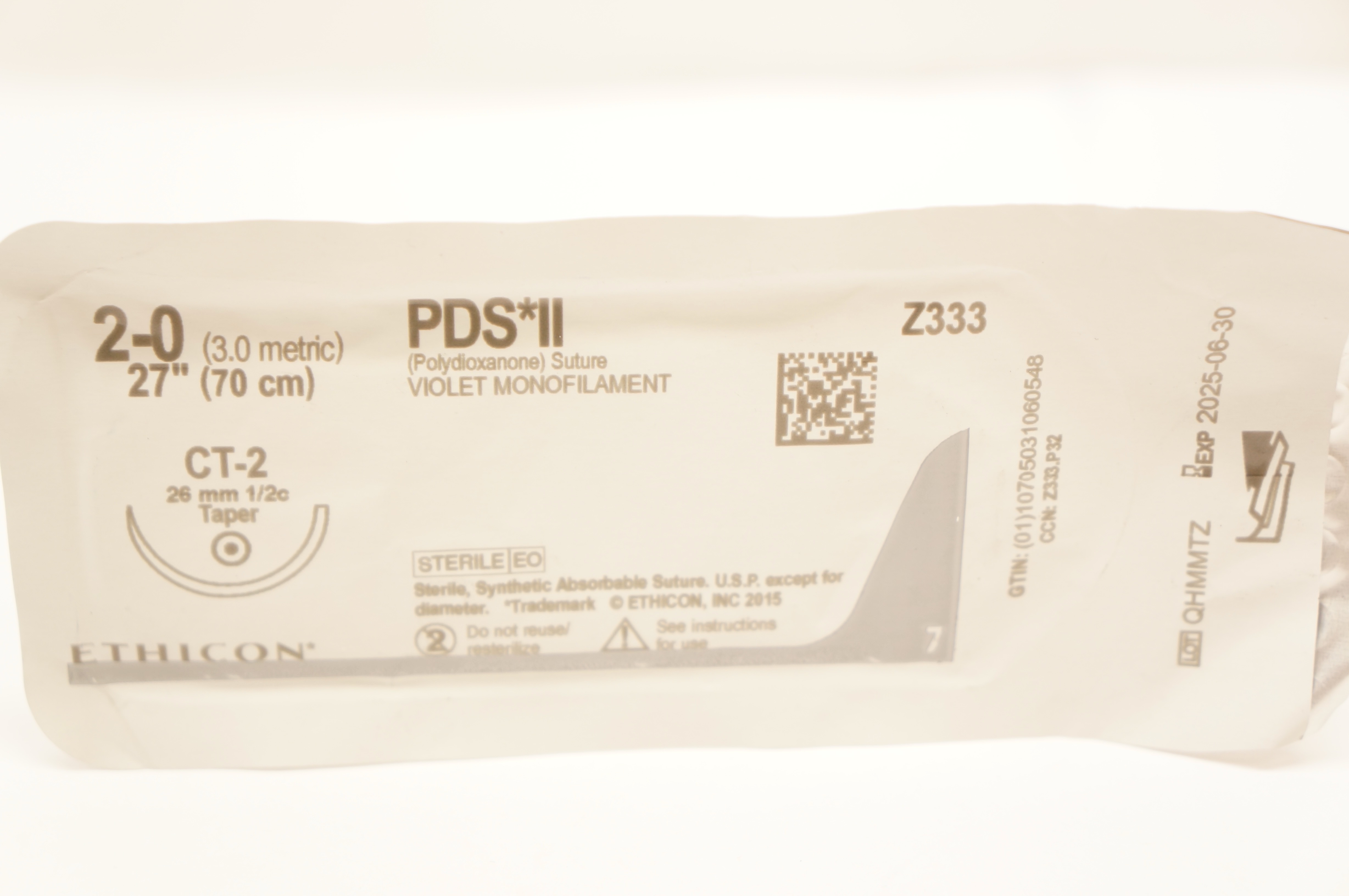 Ethicon Z333 2-0 PDS II Polydioxanone Stre CT-2 26mm 1/2c Taper, 27inch