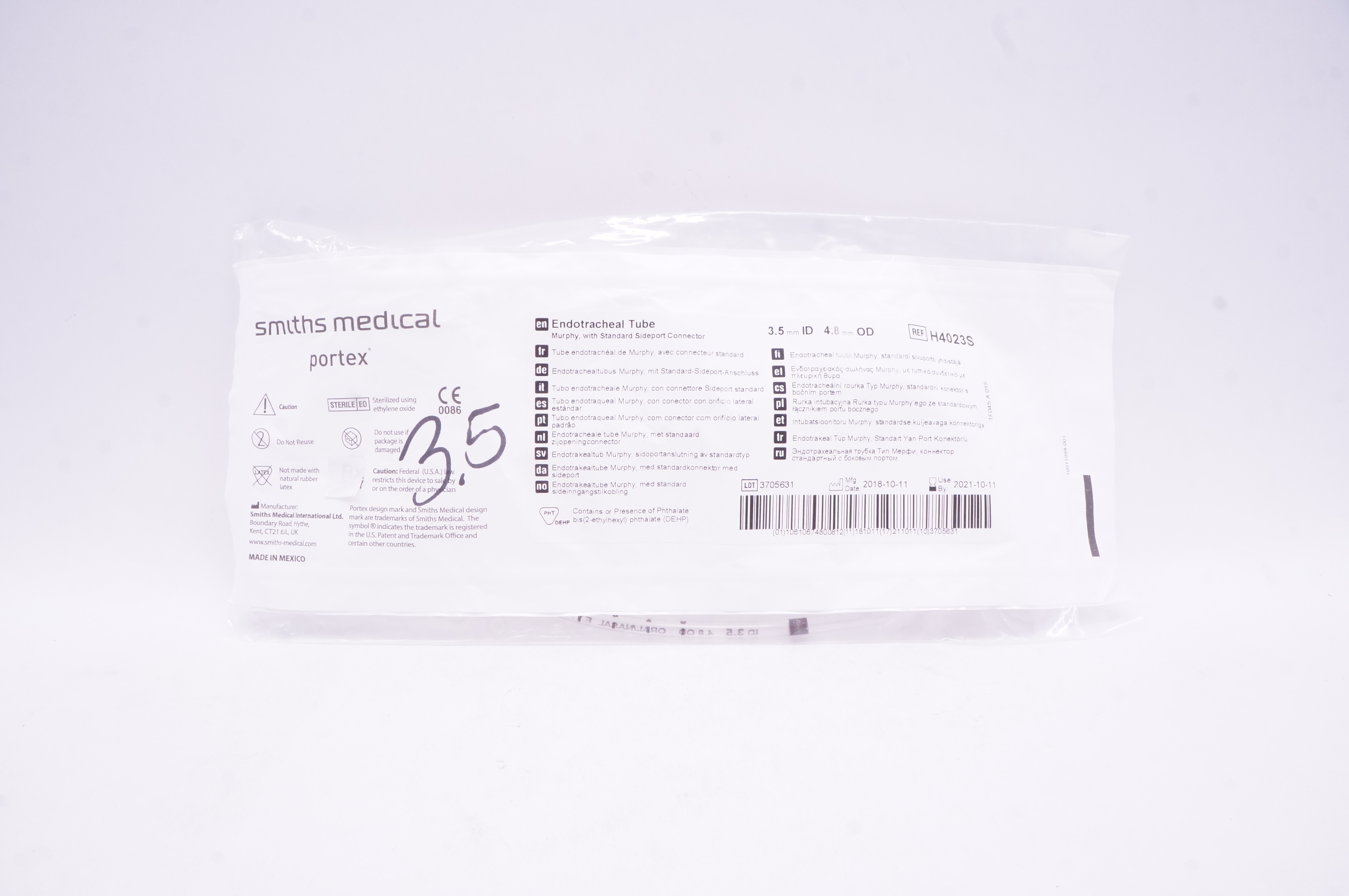 Smiths Medical H4023S Portex Endotracheal Tube 3.5mm ID x 4.8mm OD