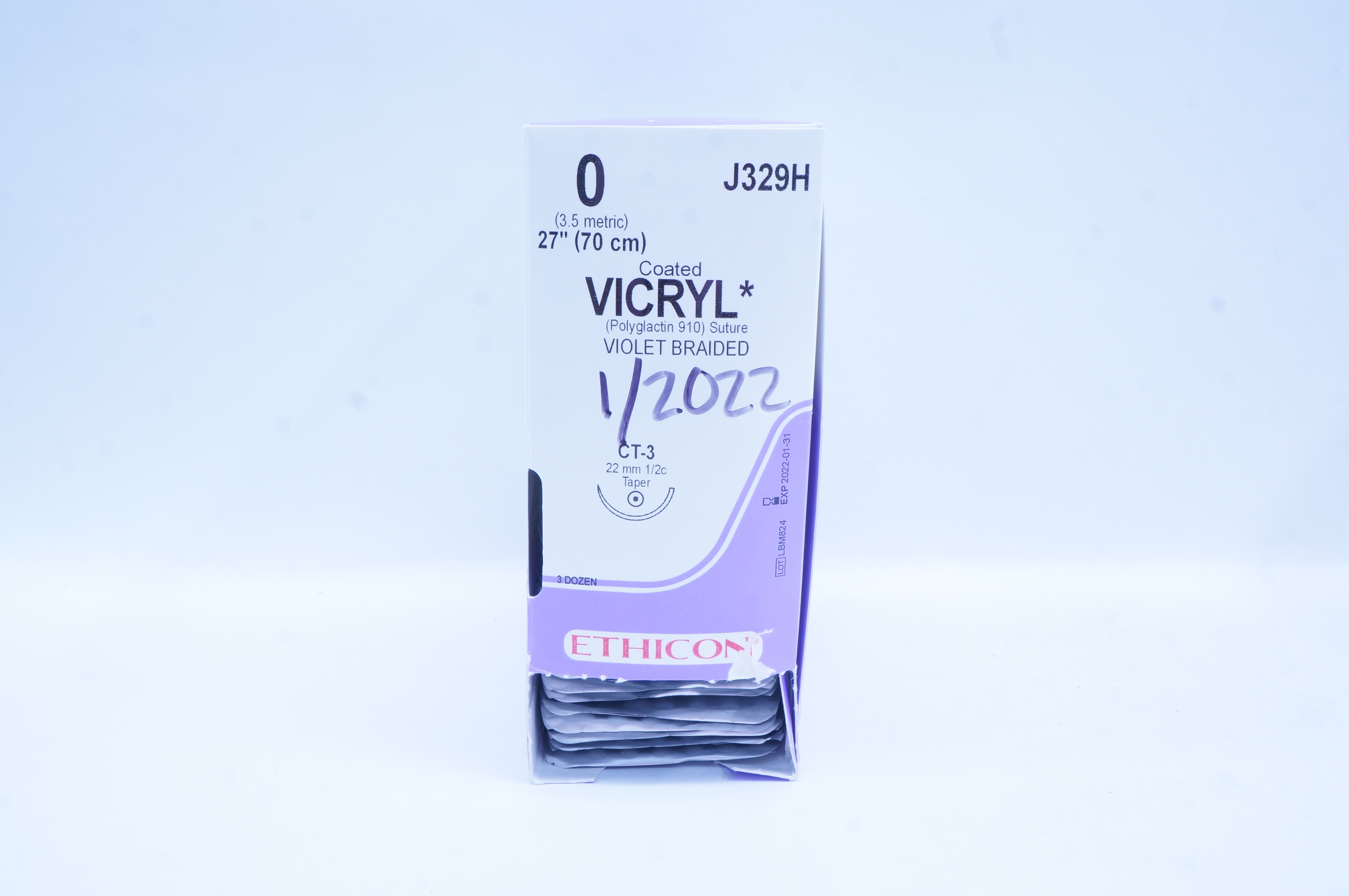 Ethicon J329H 0 Coated VICRYL Stre, CT-3 22mm 1/2c Taper, 27in. - Box of 12