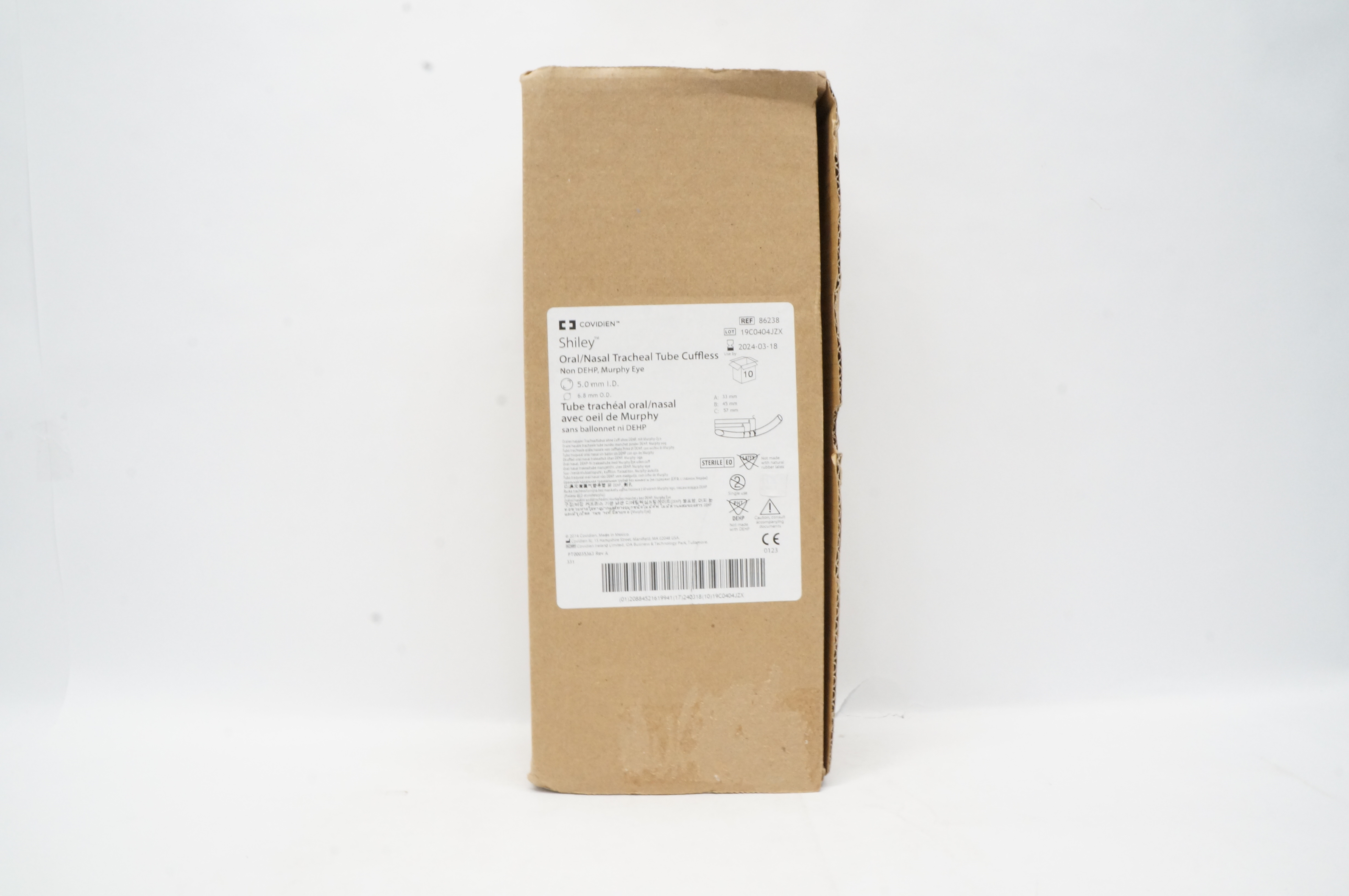Covidien 86238 Shiley Oral/Nasal Tracheal Tube 5.0 ID x 6.8mm OD - Box of 10
