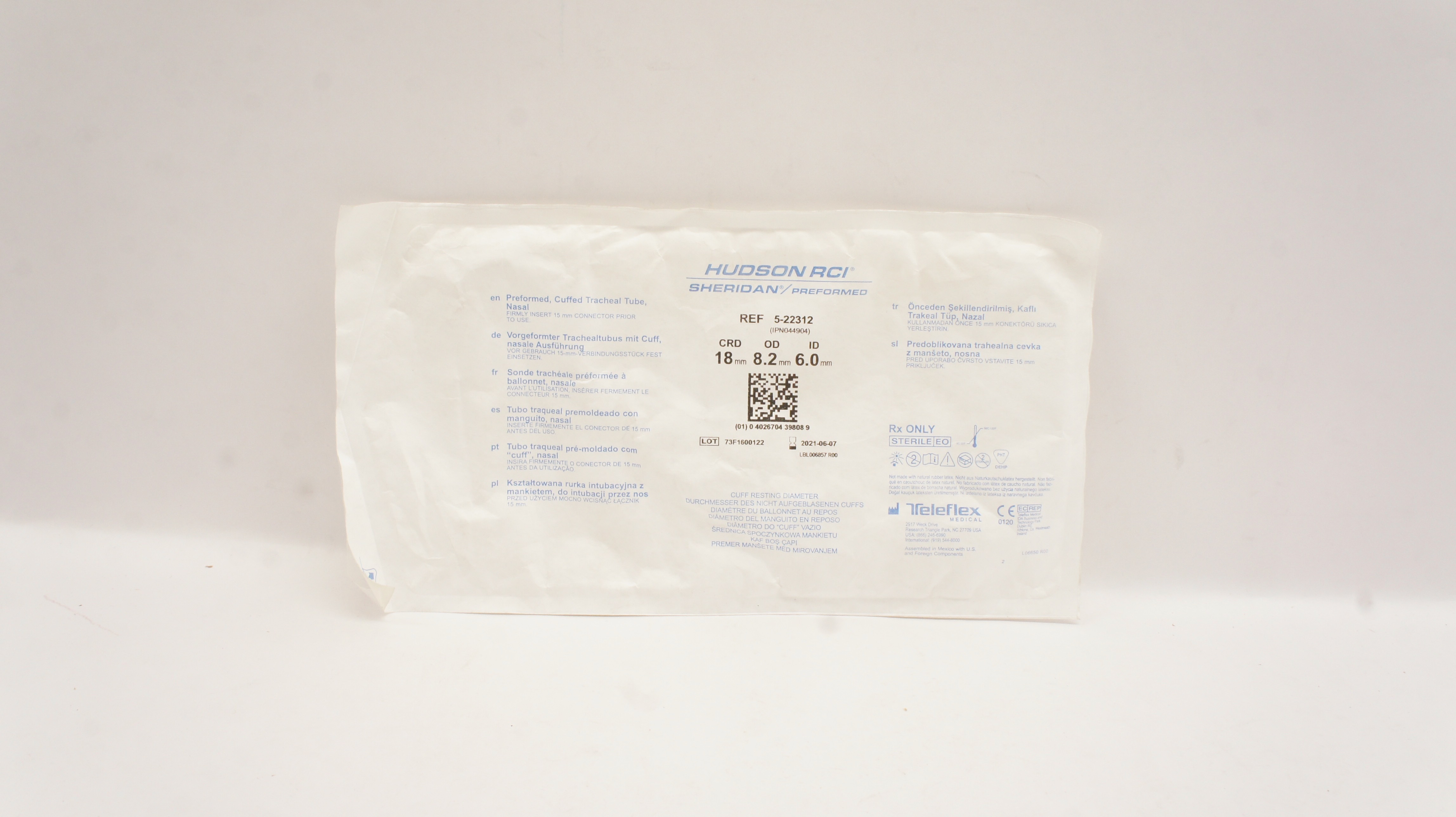 Teleflex 5-22312 Hudson RCI Cuffed Tracheal Tube Nasal 8.2OD x 6.0ID x 18mm (x)
