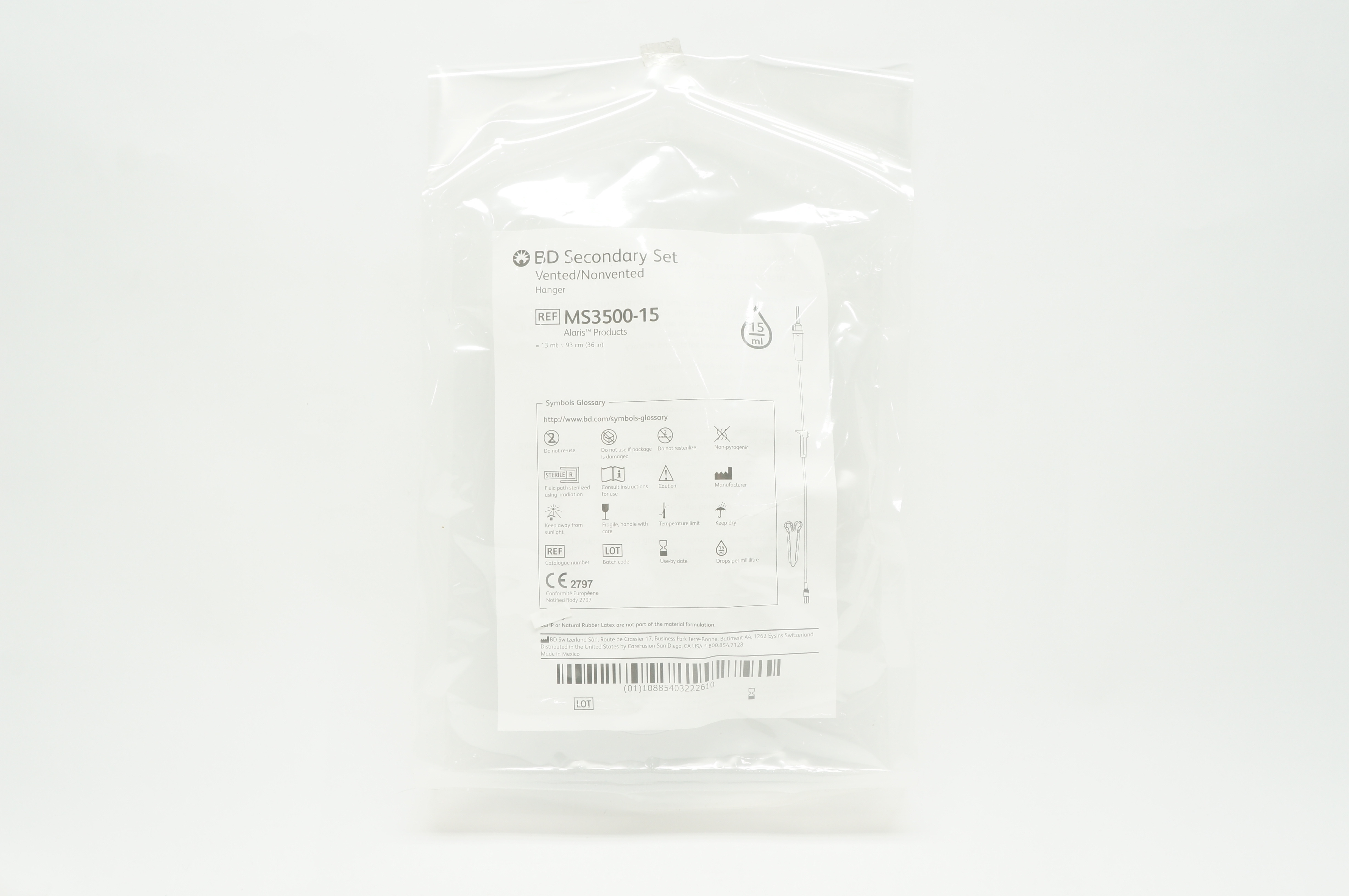 BD MS3500-15 Alaris Secondary Set Vented/Nonvented Hanger 15 ml x 36 inch