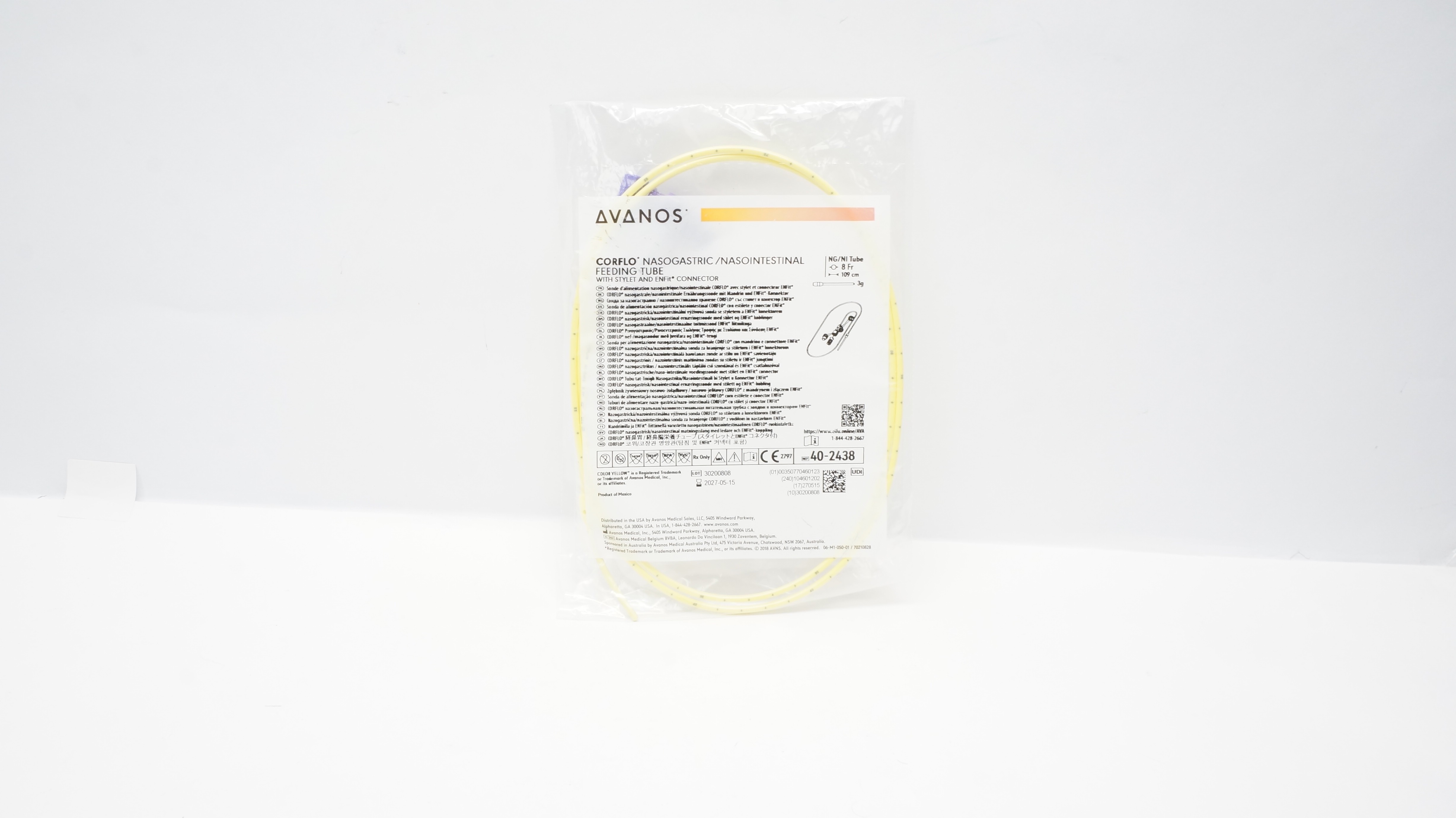 Avanos 40-2438 Corflo Nasogastric/Nasointestinal Feeding Tube 8Fr x 109cm