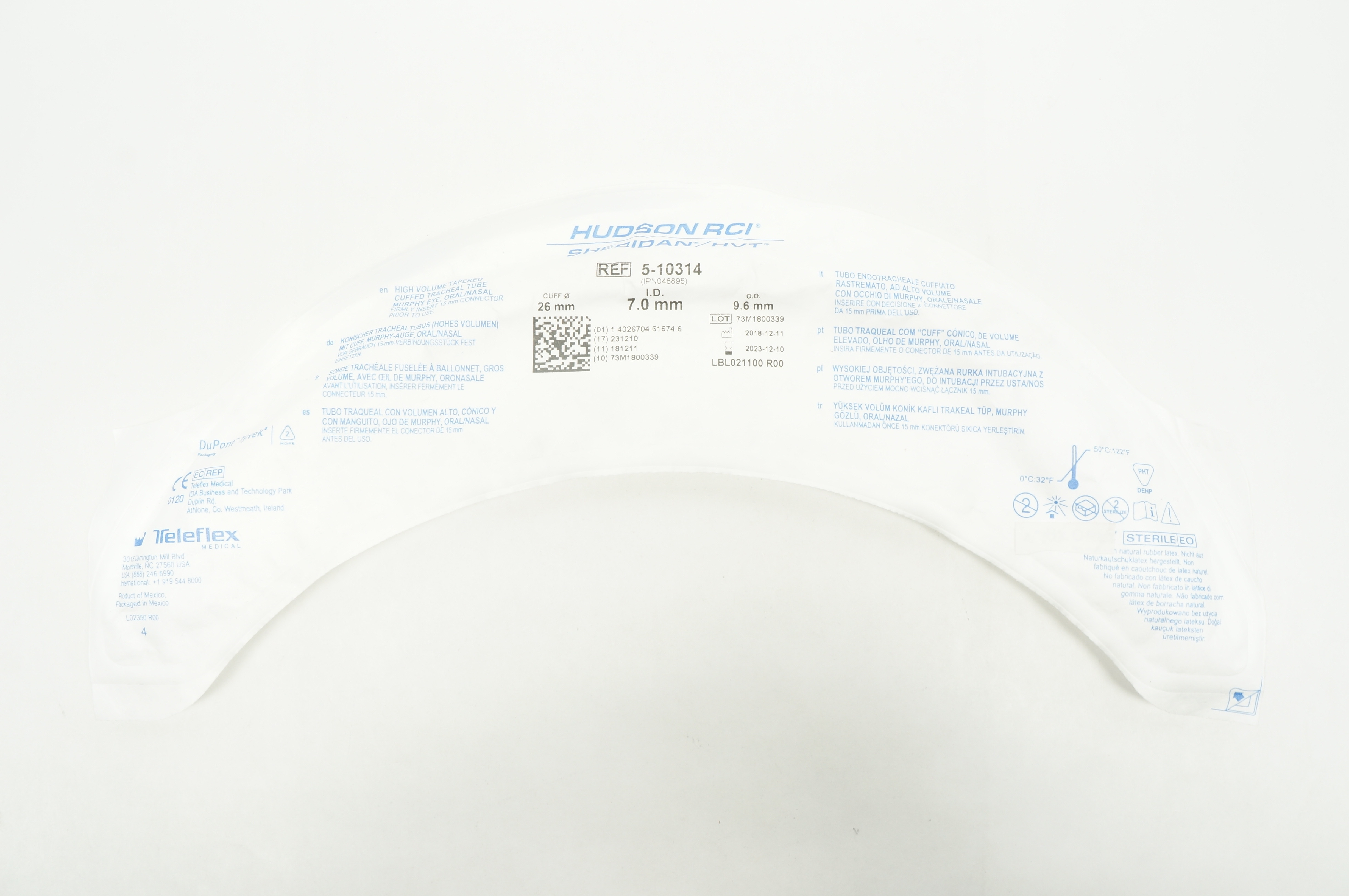 Teleflex 5-10314 Hudson RCI Sheridan HVT Cuffed Tracheal Tube 7.0 x 9.6 x 26mm