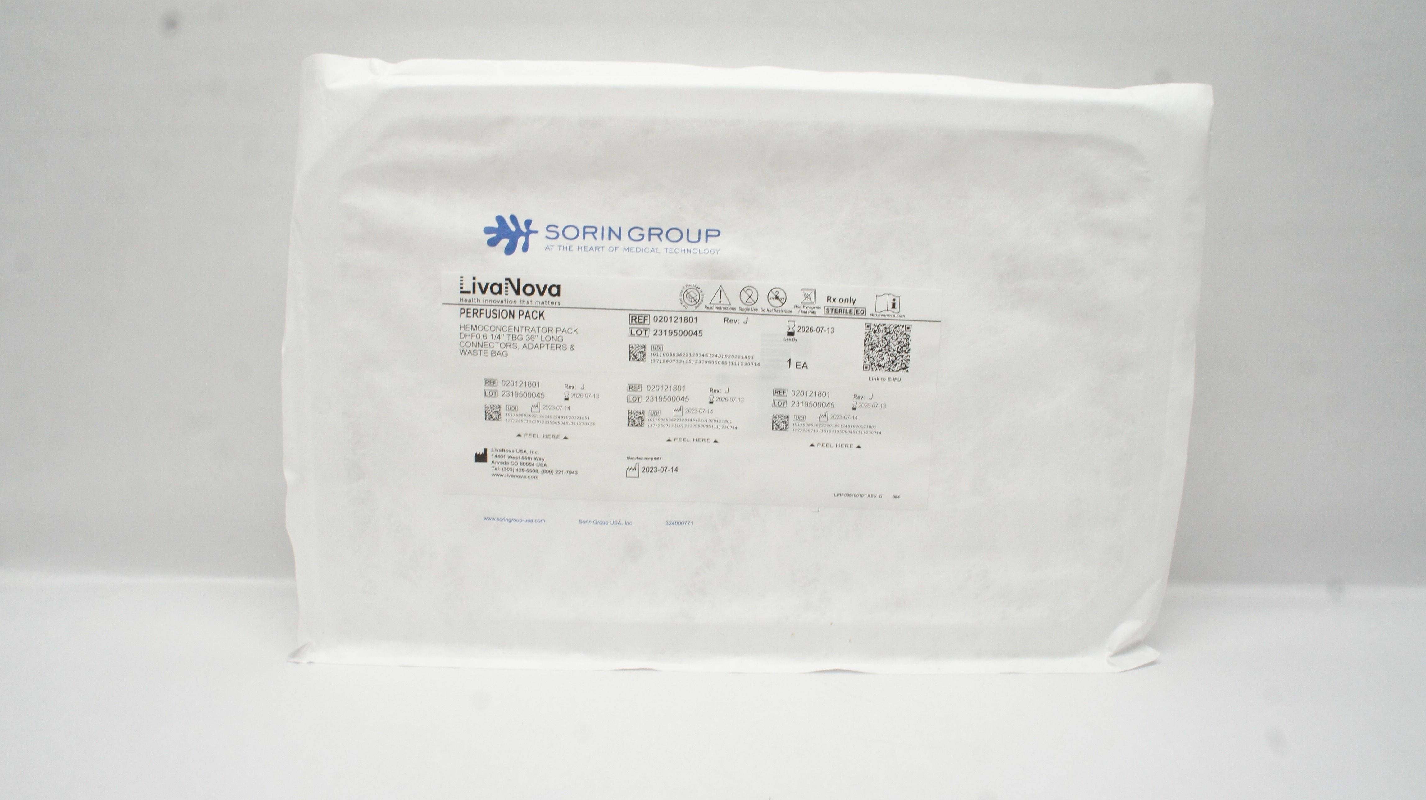 LivaNova 020121801 Perfusion Hemoconcentrator Pack DHF0.6 1/4inch TBG