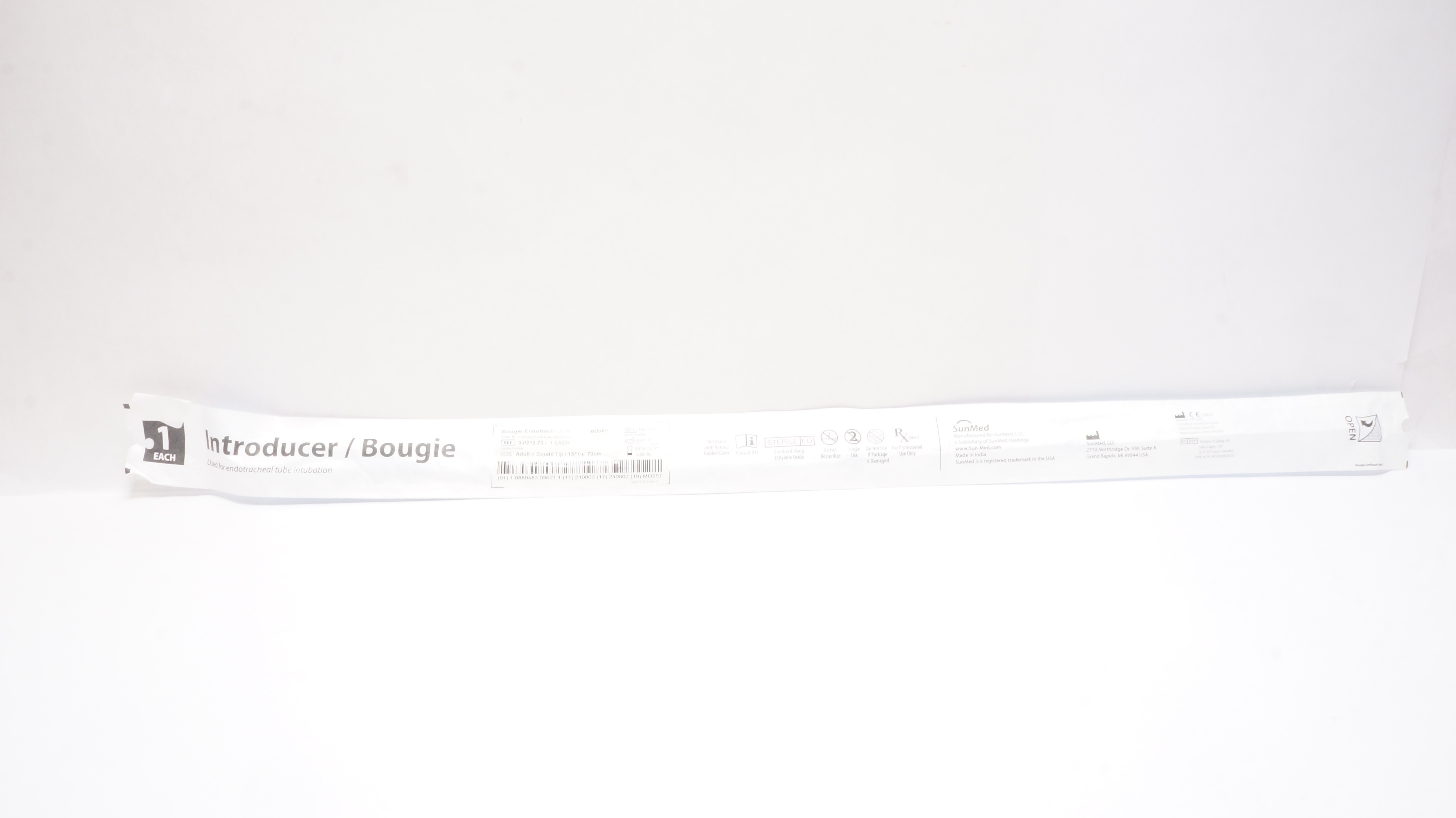 SunMed 9-0212-70 Bougie Endotracheal Tube Introducer Adult CoudeTip 15Fr x 70cm