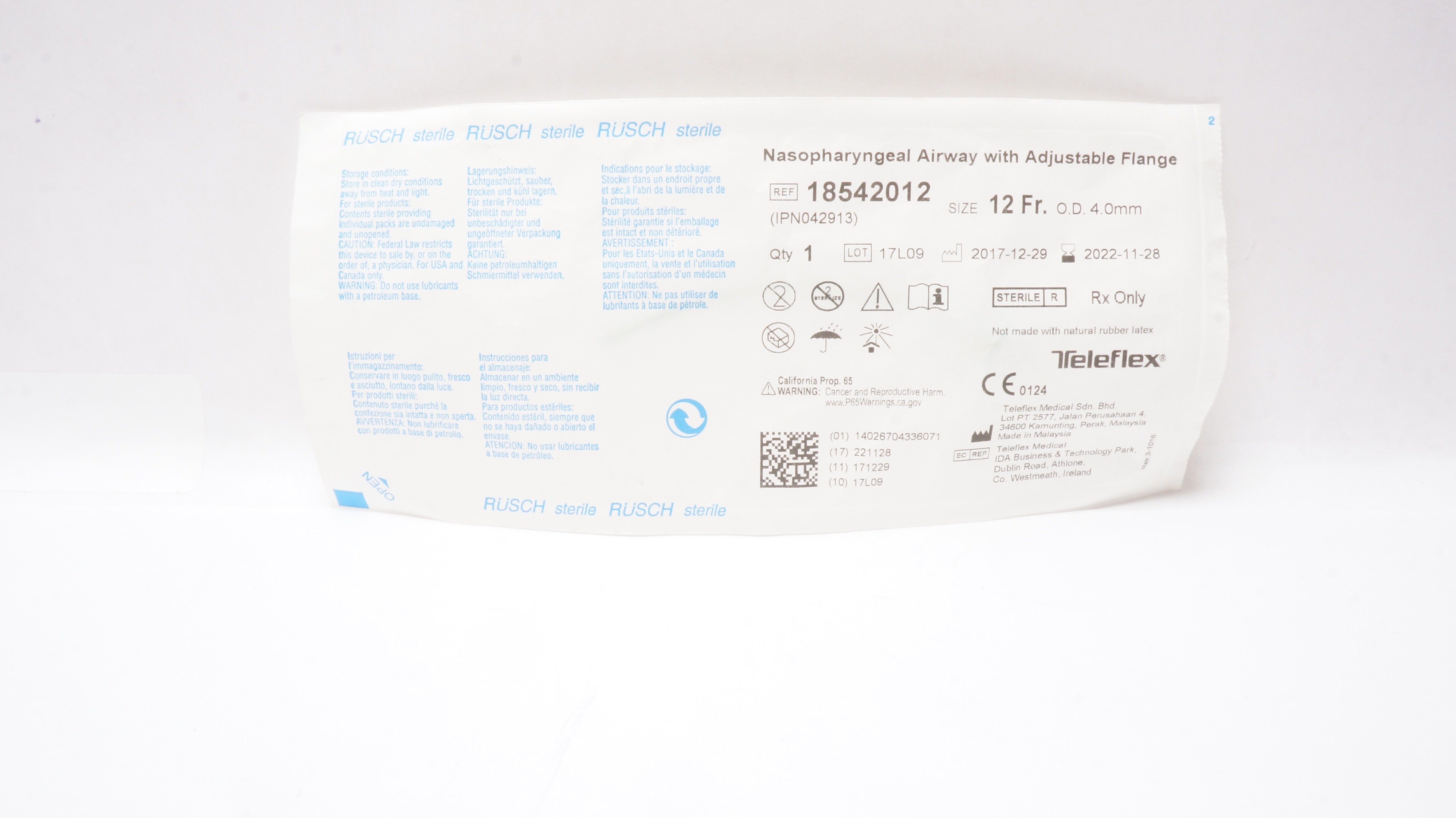 Teleflex 18542012 Rusch Nasopharyngeal Airway w/Adjustable Flange 12Frx40mmOD(x)