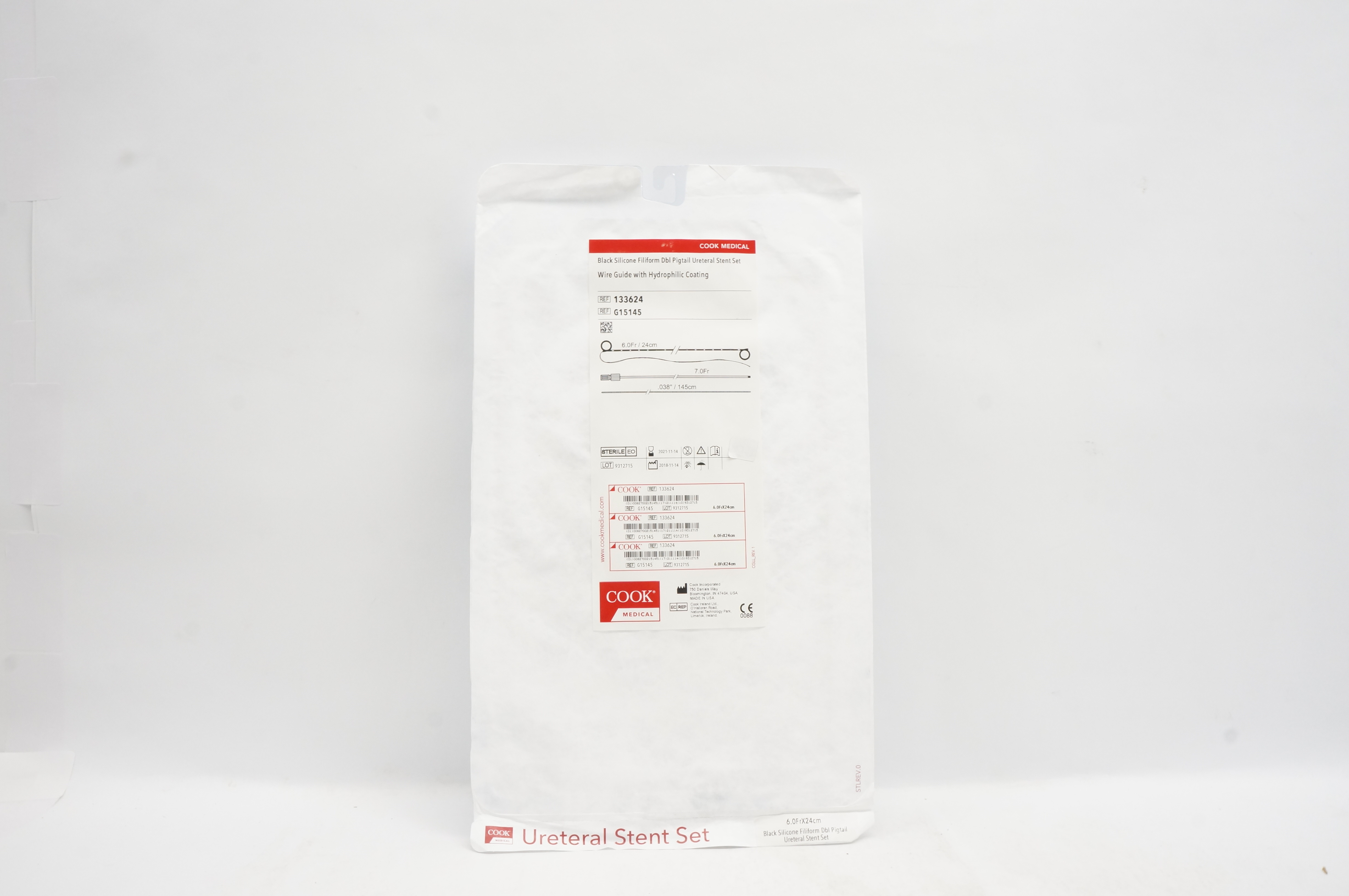 Cook G15145 Silicone Filiform Dbl. Pigtail Ureteral Stnt Set 6Fr. x 24cm