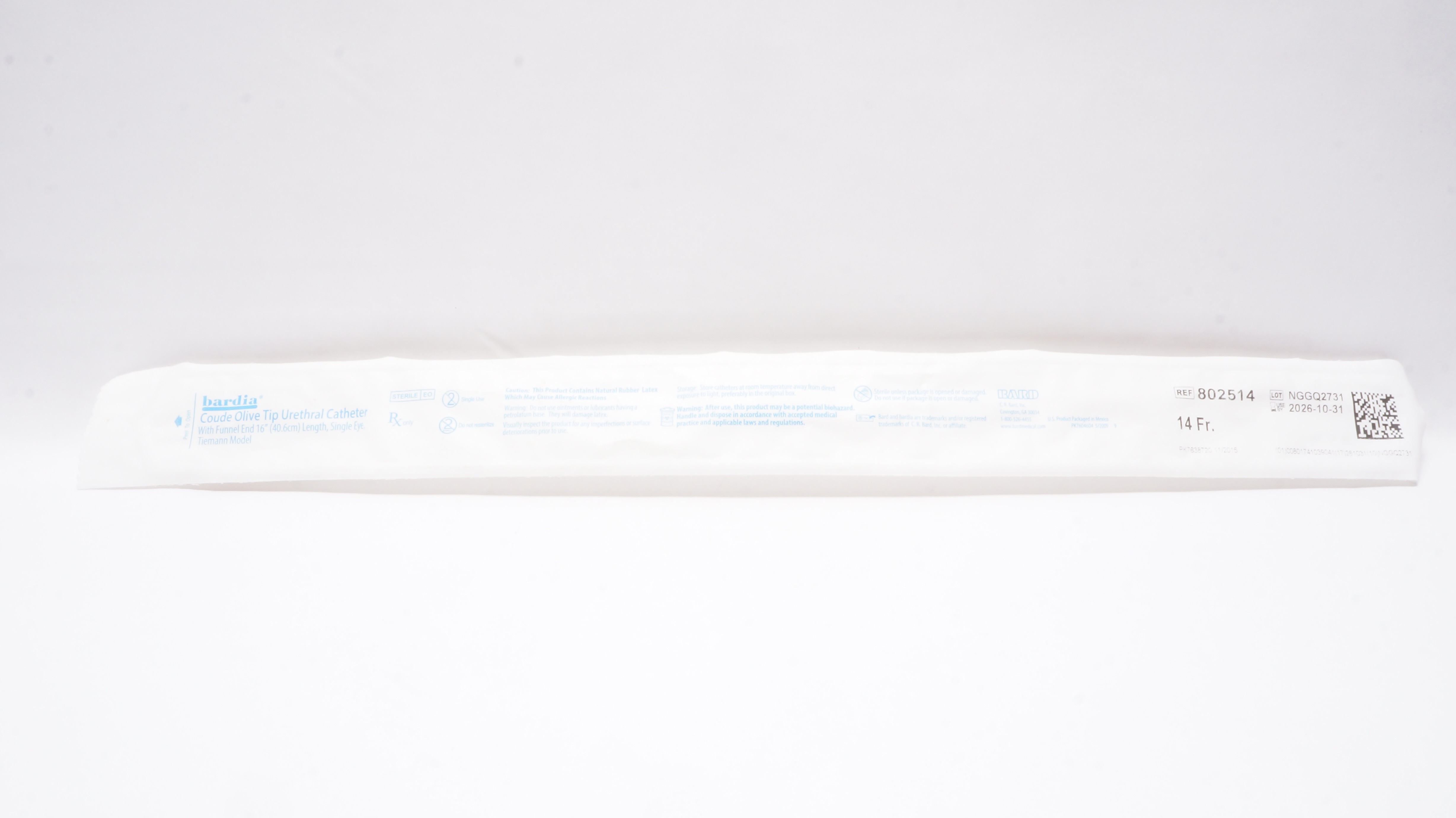 Bard 802514 Bardia Coude Olive Tip Urethral Cath.14Fr w/Funnel End 16inch