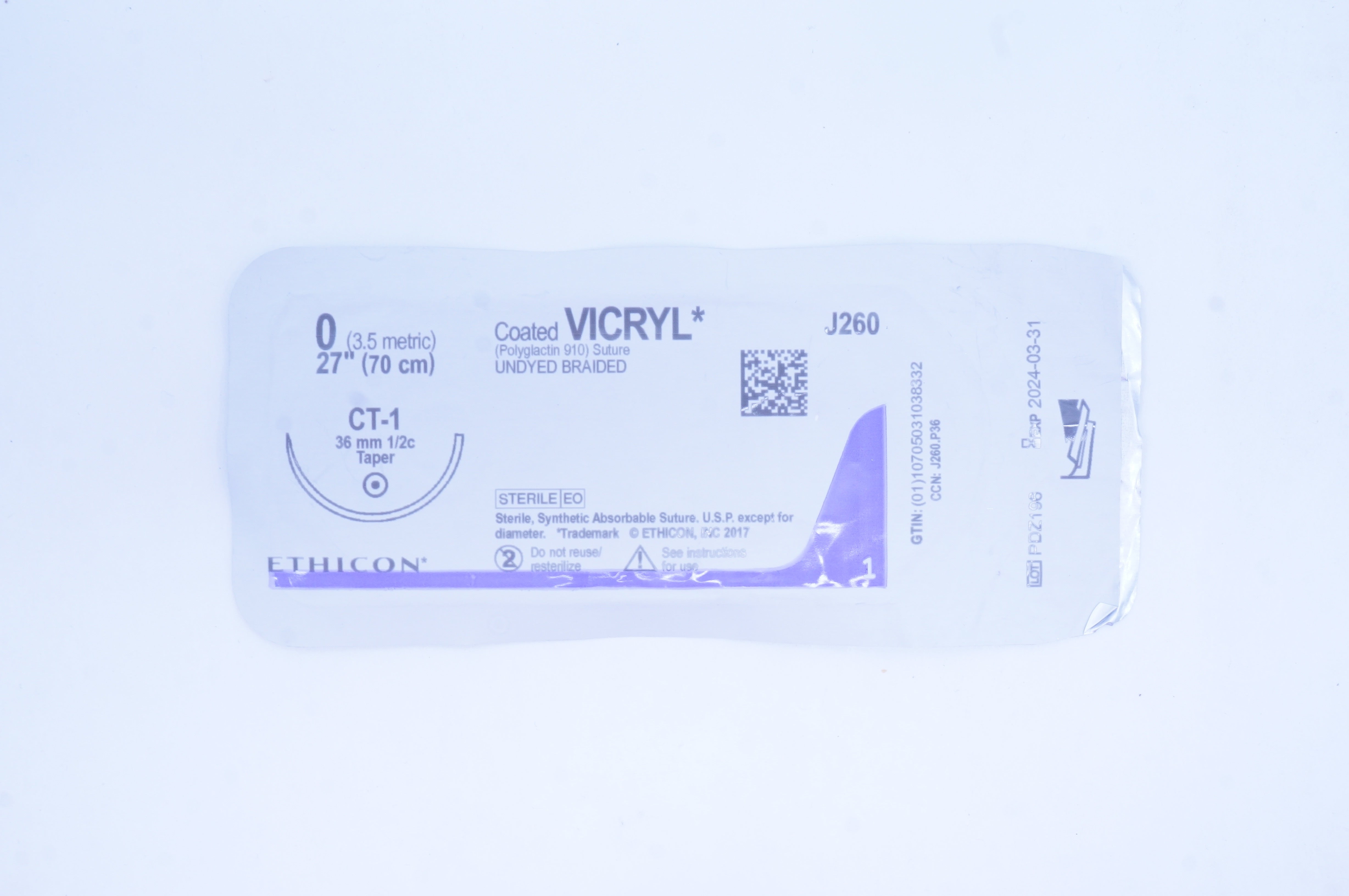 Ethicon J260 0 Coated VICRYL Stre, Undyed Braided, CT-1, 36mm 1/2c Taper 27 inch