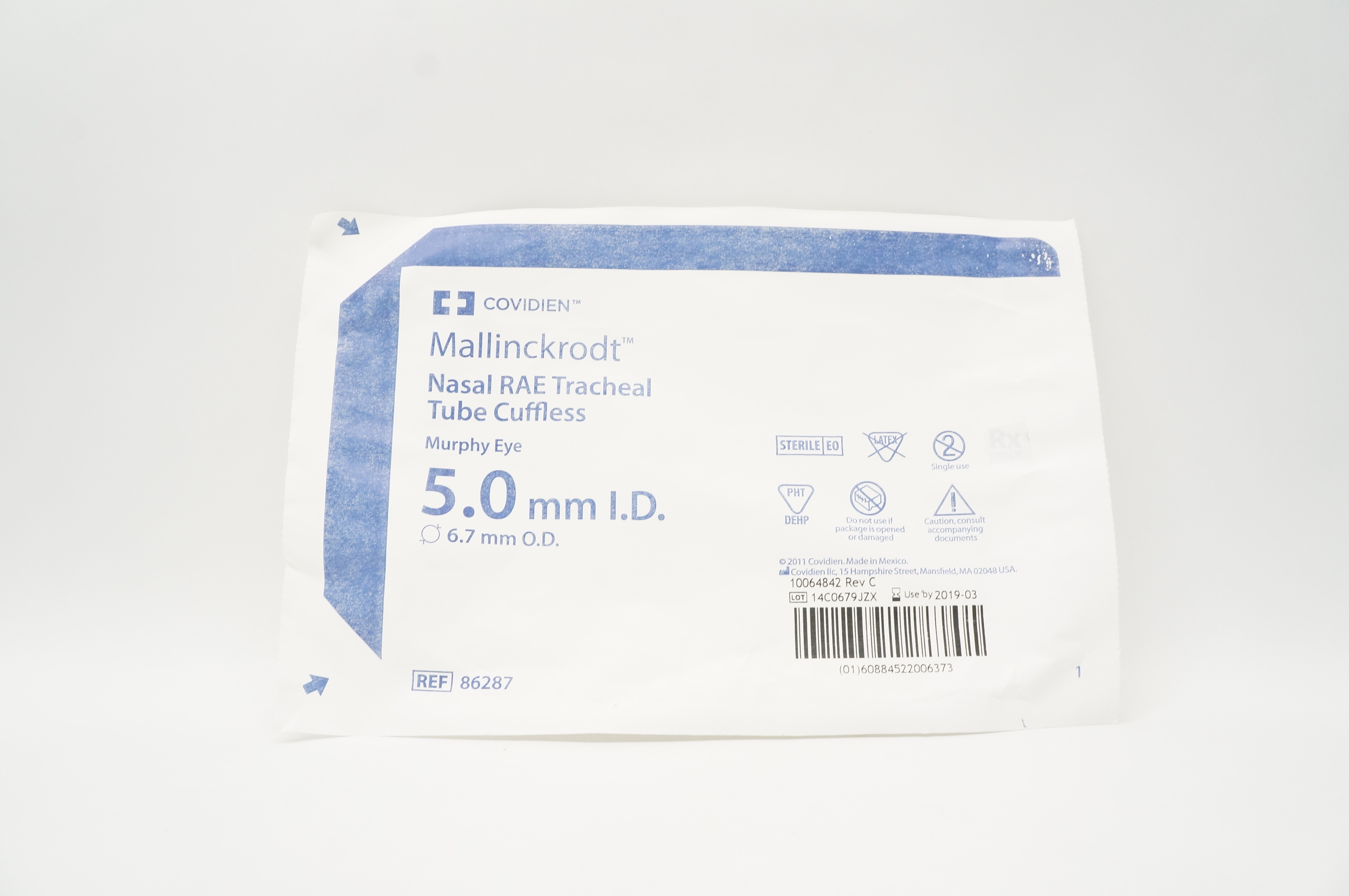 Covidien 86287 Mallinckrodt Nasal RAE Tracheal Tube Cuffless 5.0mm x 6