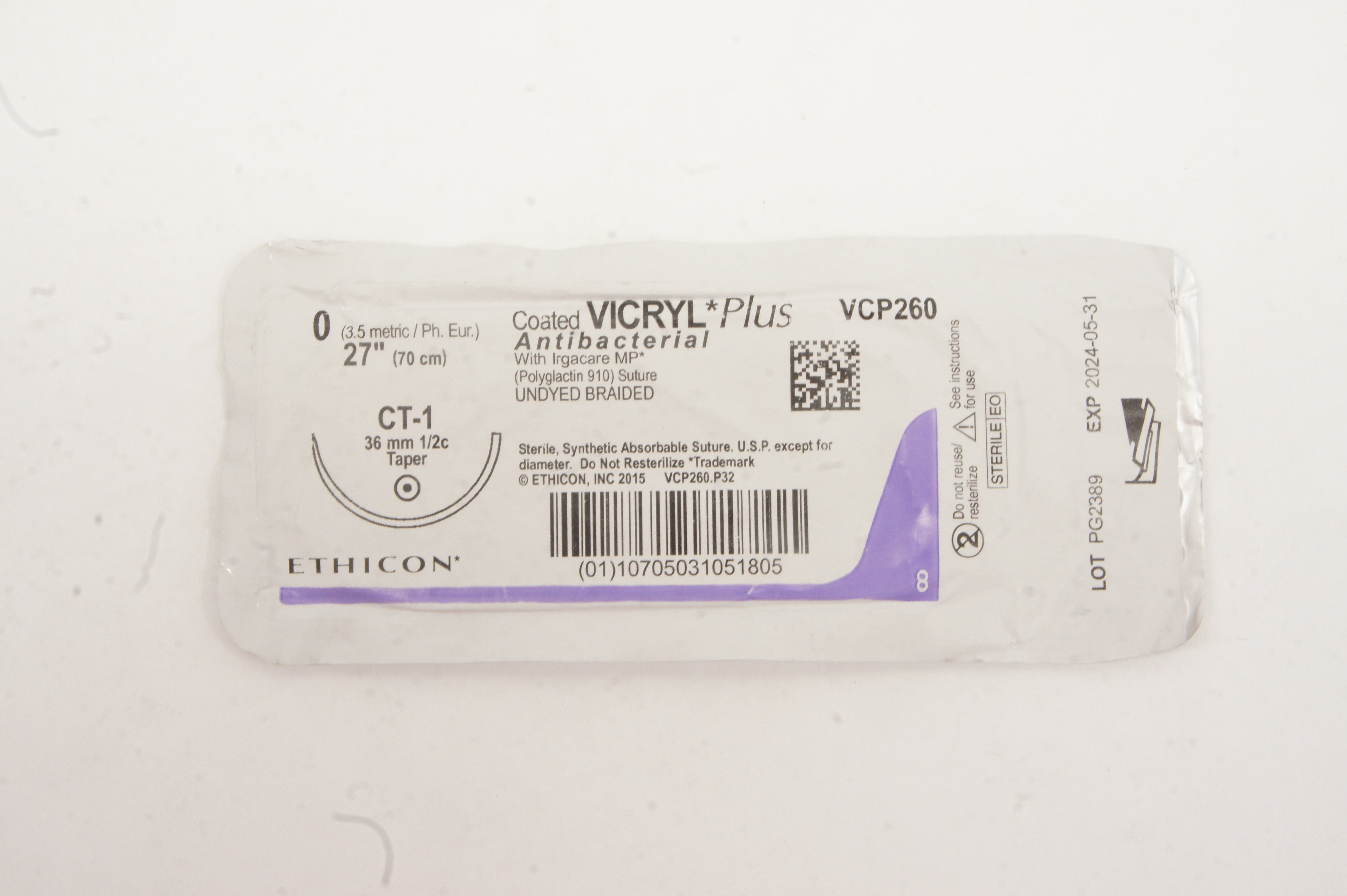 Ethicon VCP260 0 VICRYL Plus Antibacterial, CT-1, 36mm 1/2c, 27inch