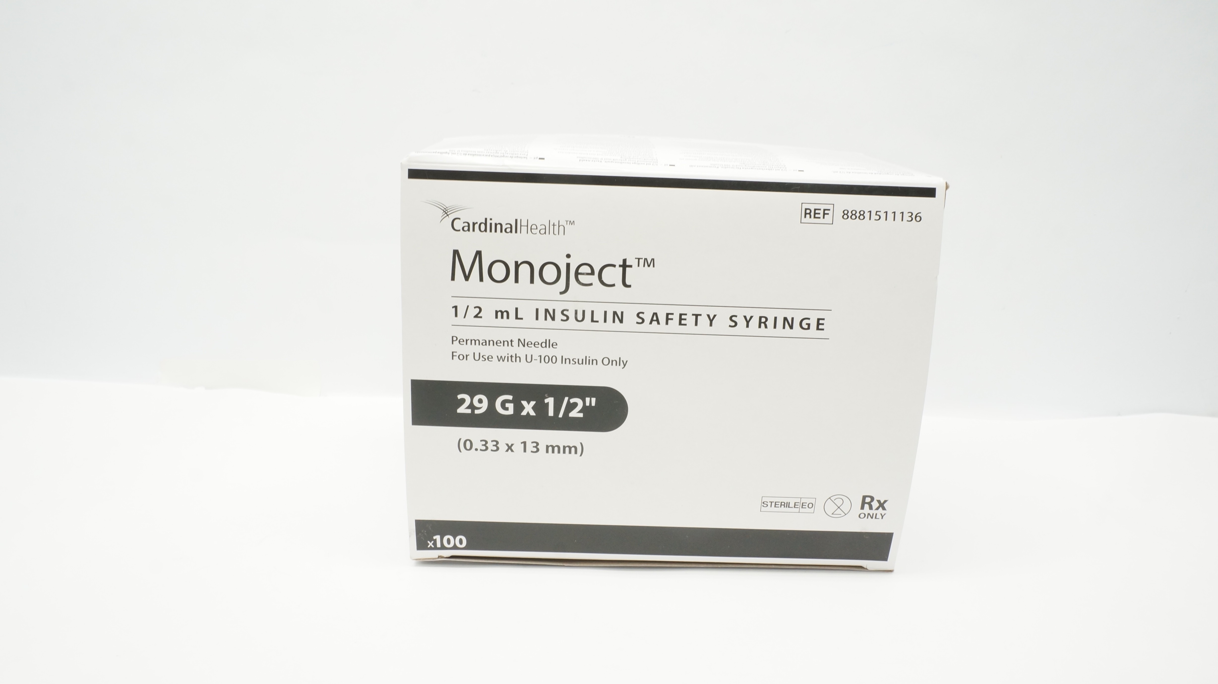 Cardinal Health 8881511136 Monoject 1/2mL Insulin Syringe Box of 100