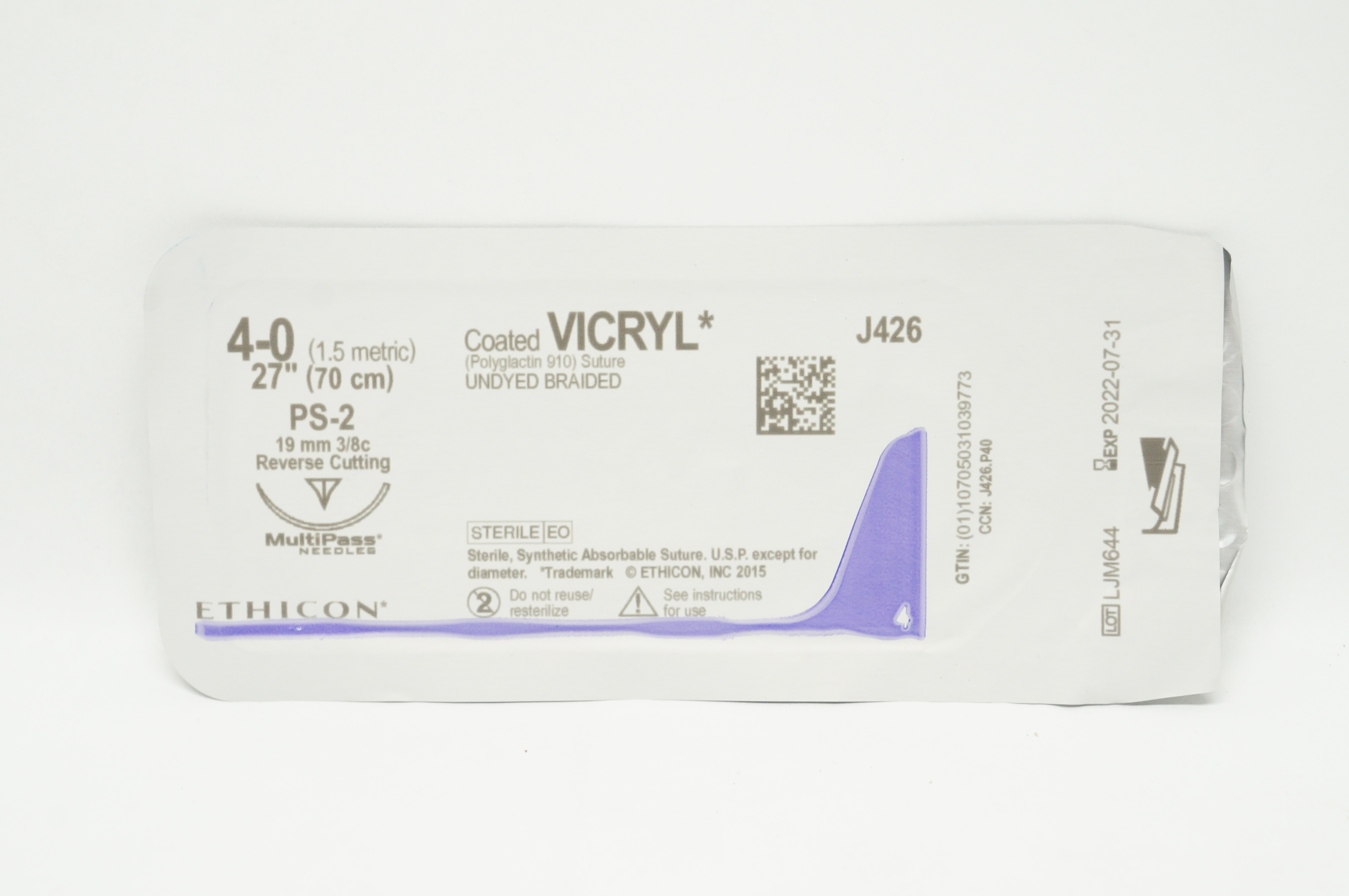 Ethicon J426 4-0 Coated Vicryl Stre PS-2 19mm 3/8c Reverse Cutting, 27inch