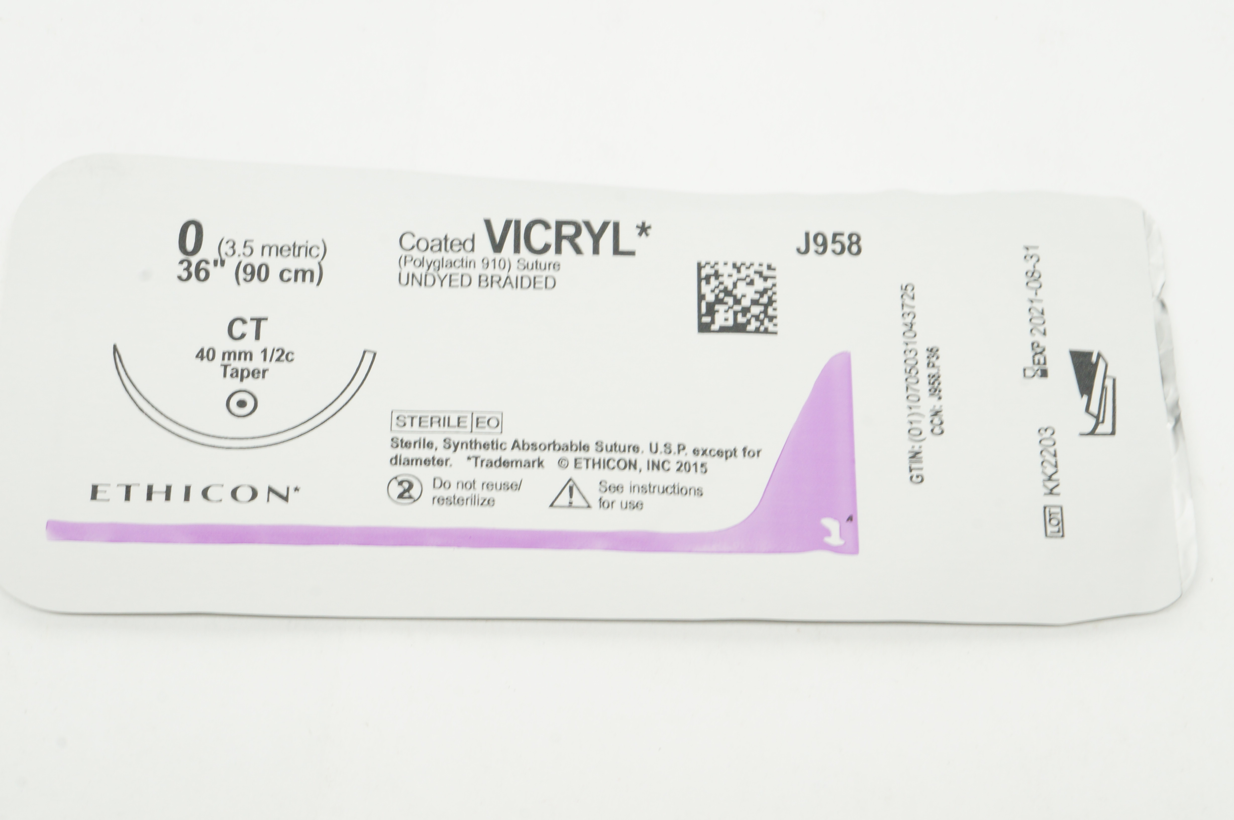 Ethicon J958 0 Coated VICRYL Polyglactin Stre CT 40mm 1/2c Taper 36 inch (x)