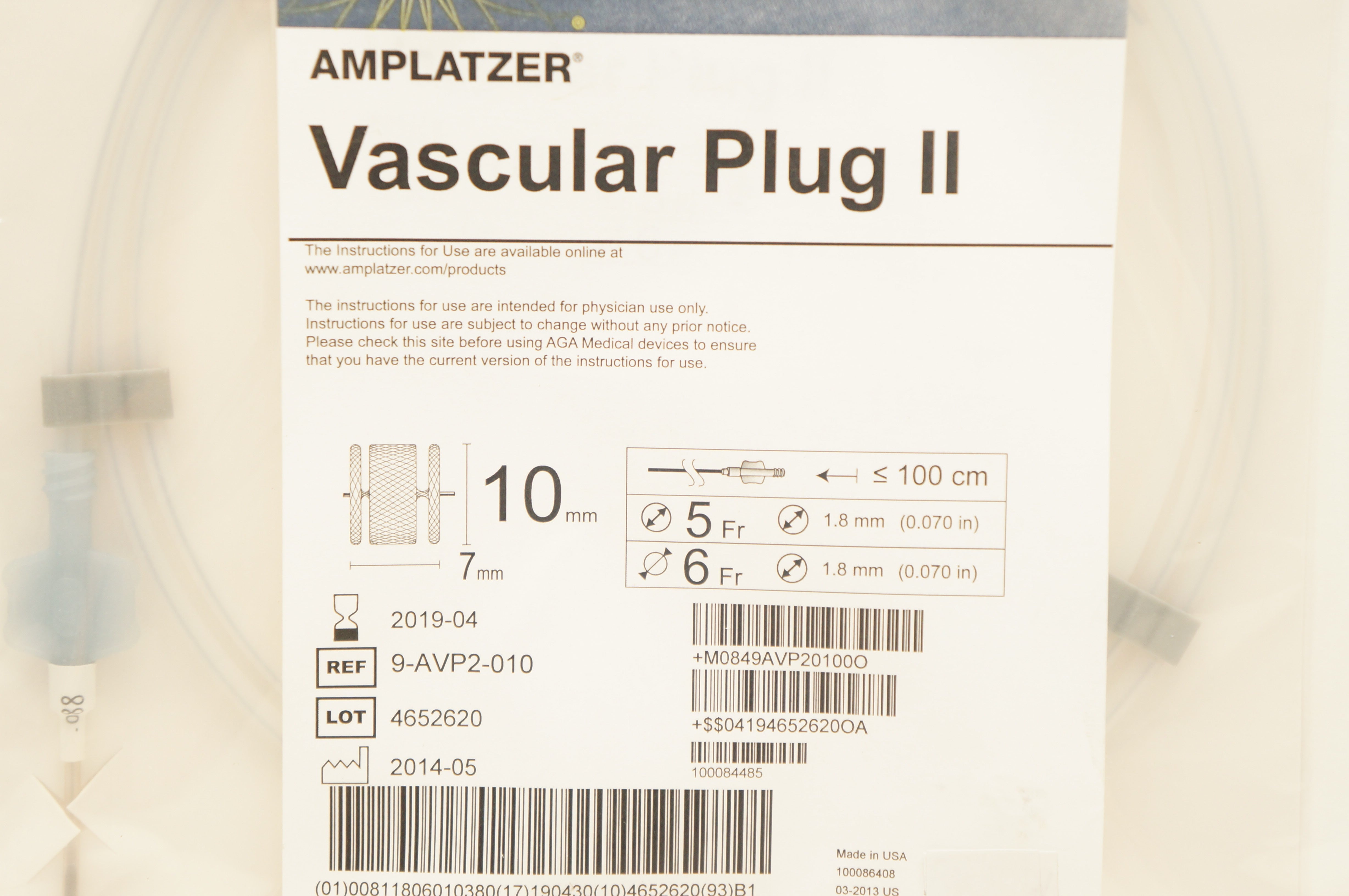 未使用　ALPHANUMERIC 152cm(A-010) AGA Medical 9-AVP2-010 Amplatzer Vascular Plug II 10mm x 7mm (x)