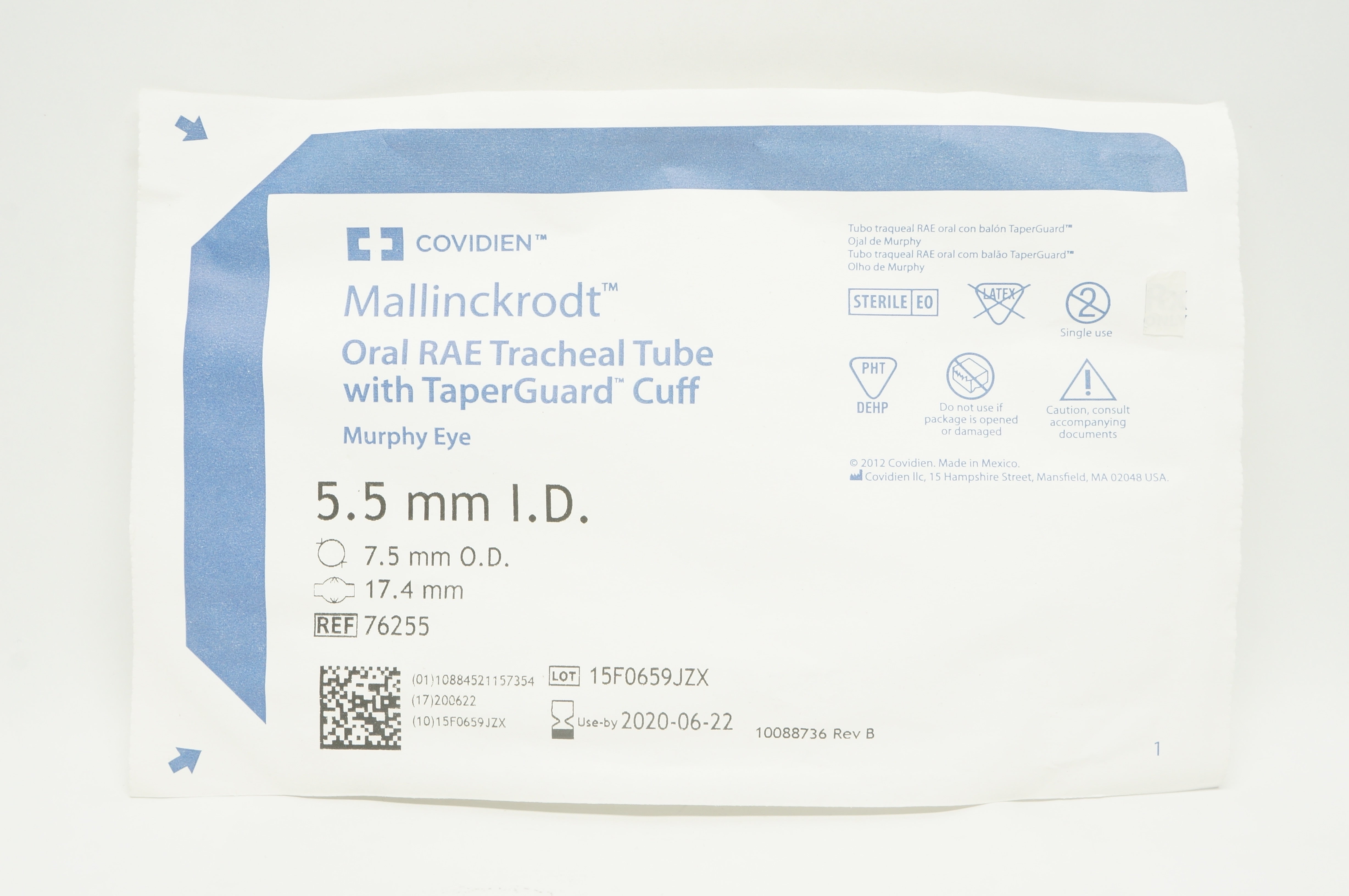 Covidien 76255 Mallinckrodt Oral RAE Tracheal Tube with Cuff 5.5 x 7