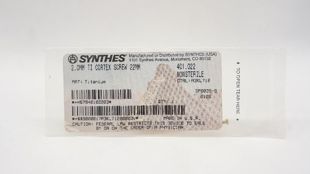 Synthes 401.022 2.0mm Titanium Cortex Screw 22mm