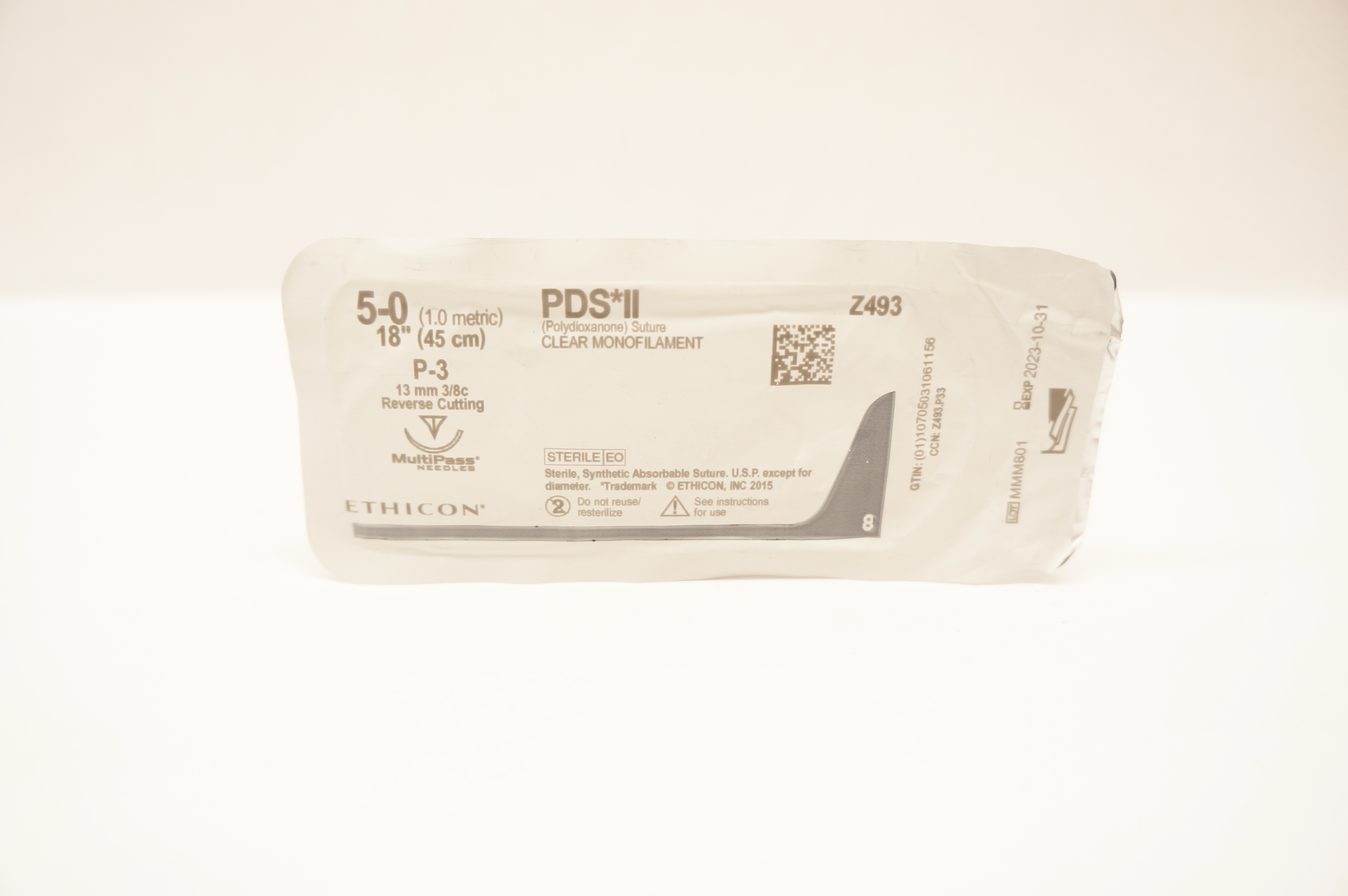 Ethicon Z493 5-0 PDS II Polydioxanone Stre P-3 13mm 3/8c Reverse Cutting, 18inch