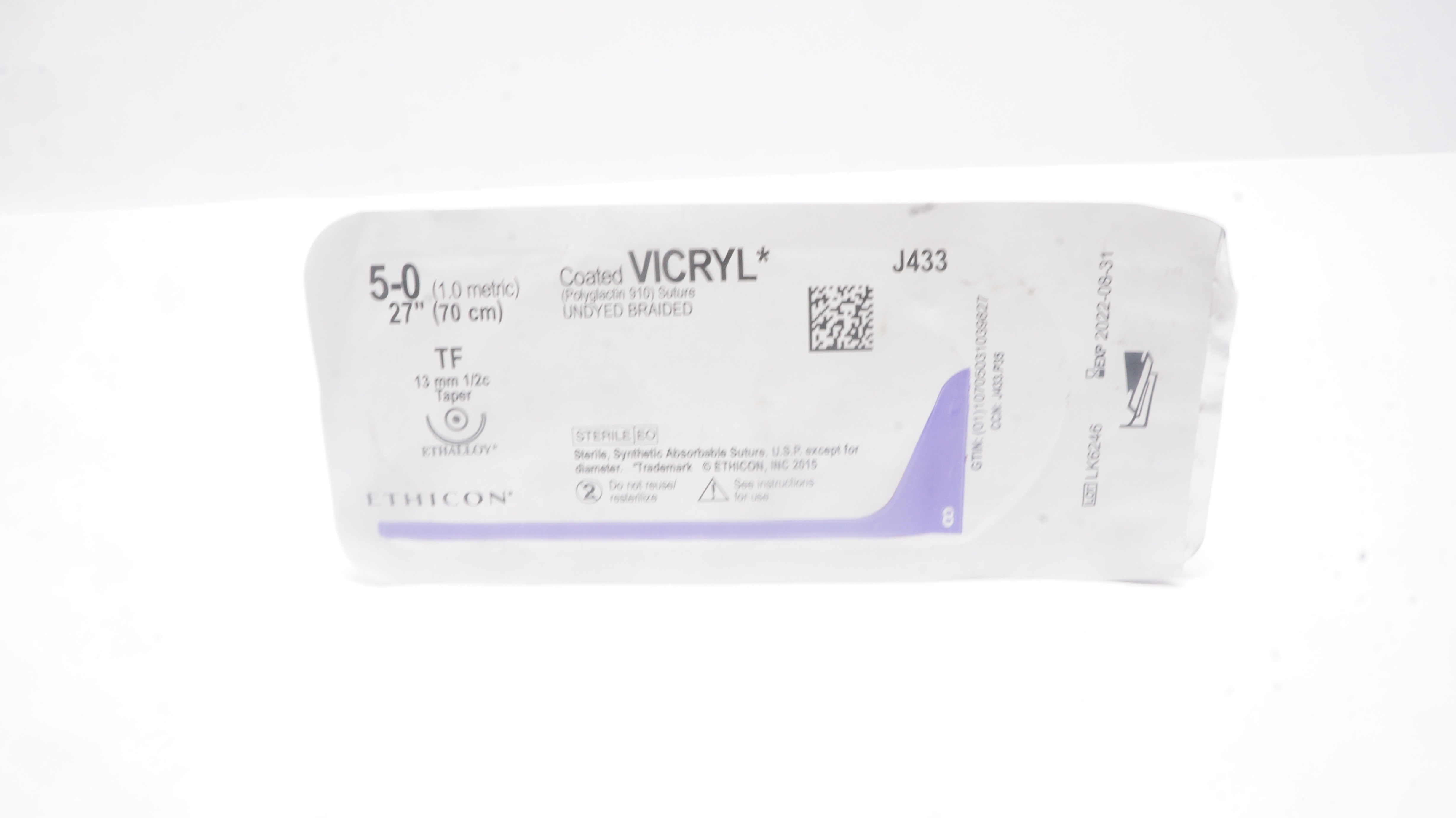 Ethicon J433 5-0 Coated VICRYL Undyed Braided TF 13mm 1/2c Taper 27 inch