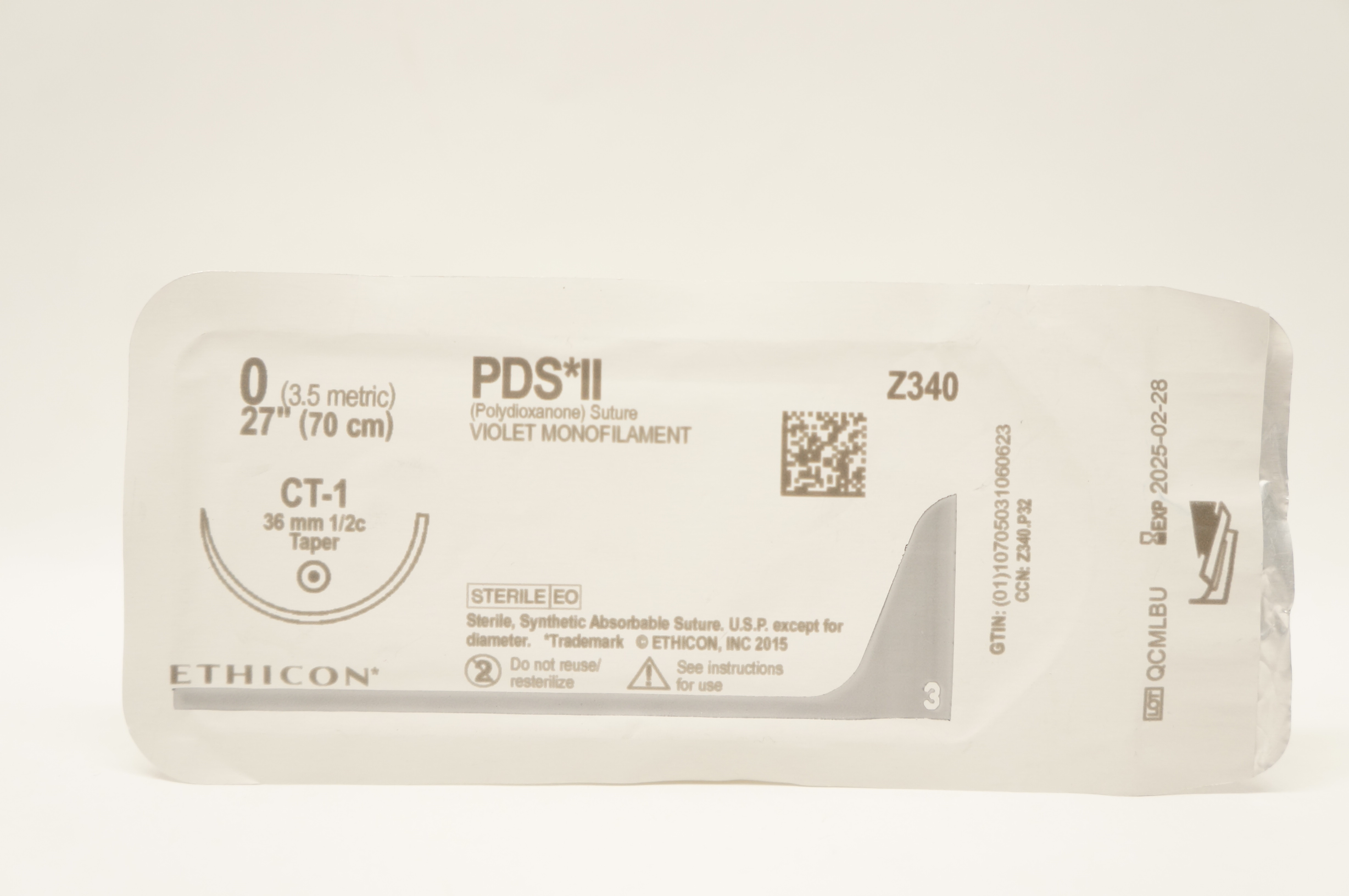 Ethicon Z340 0 PDS II Polydioxanone Stre CT-1 36mm 1/2c Taper 27inch