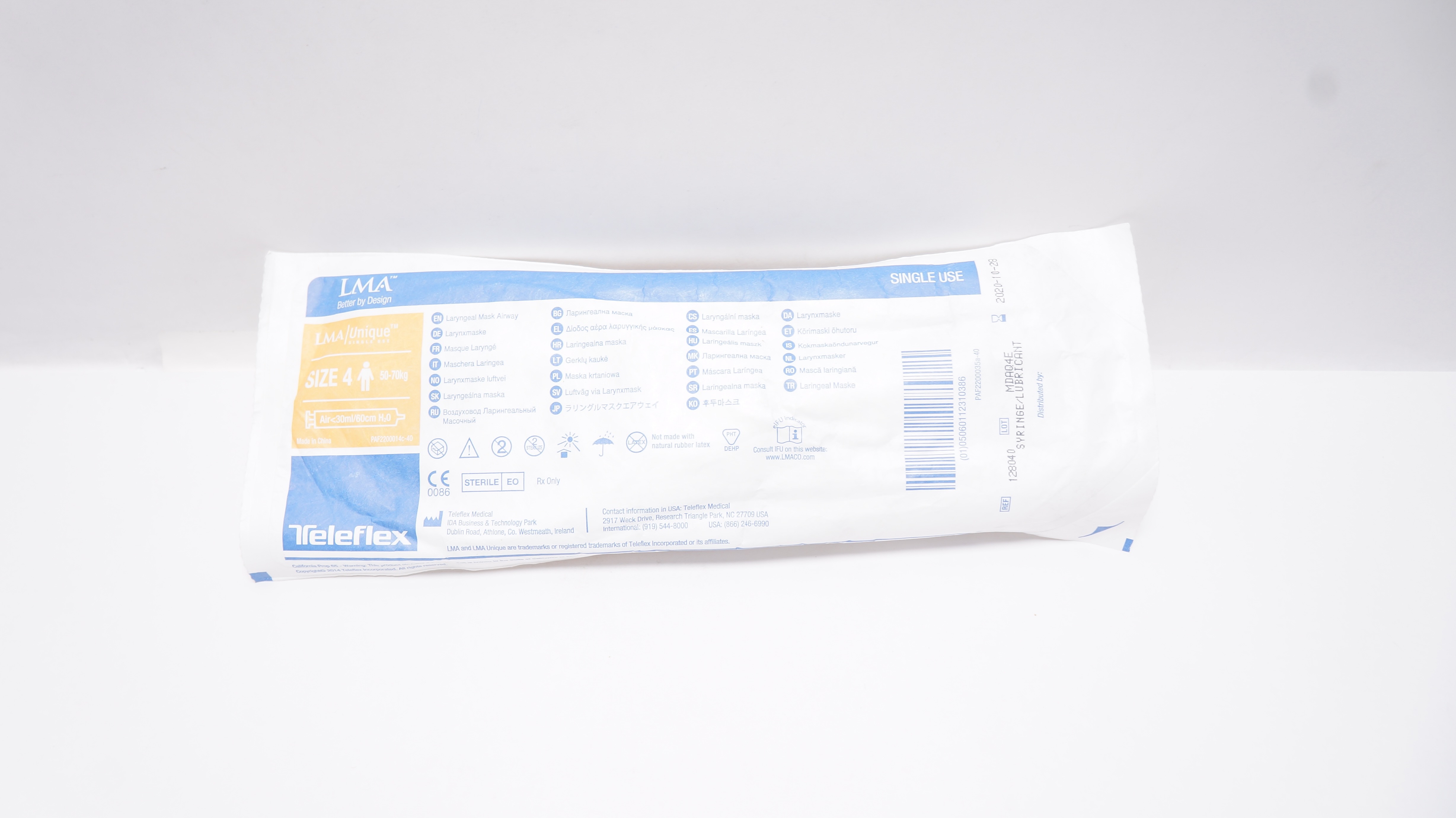 Teleflex 128040 LMA Unique Laryngeal Mask Airway Size 4 50-70kg Air<30ml/60cm(x)