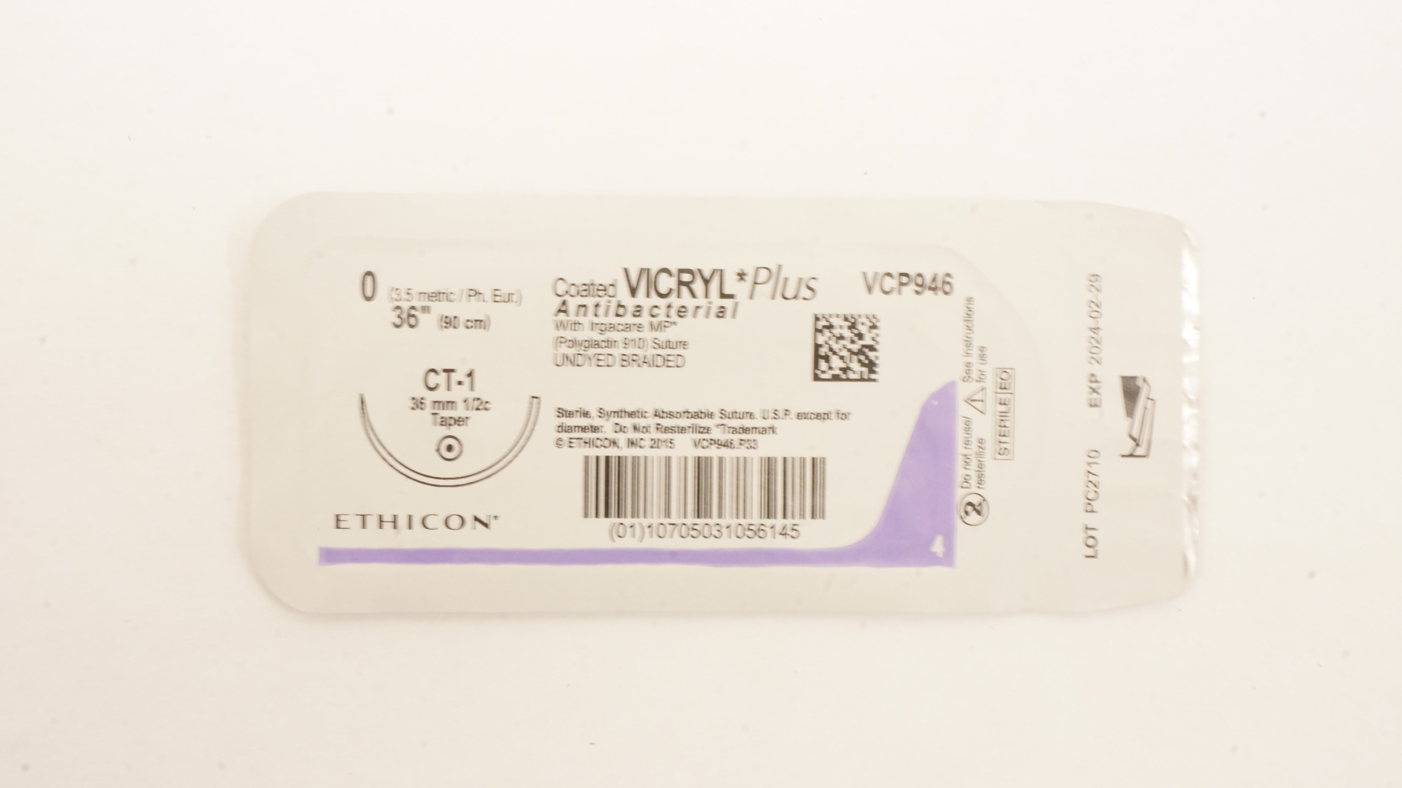 Ethicon VCP946 0 VICRYL Plus Antibacterial Stre CT-1 36mm 1/2c Taper 36inch