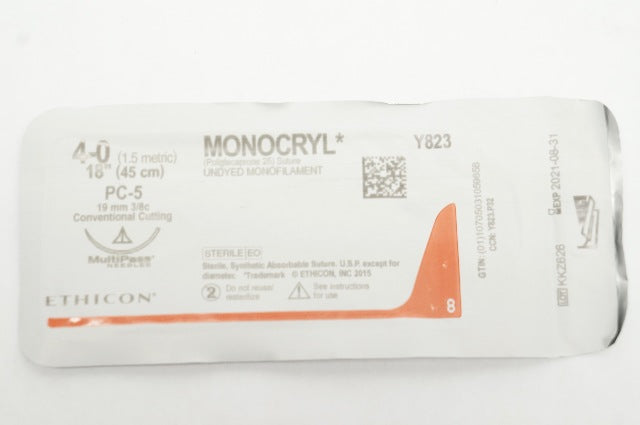 Ethicon Y823 4-0 Monocryl Undyed Stre PC-5 19mm 3/8c Conventional Cut. 18In(x)