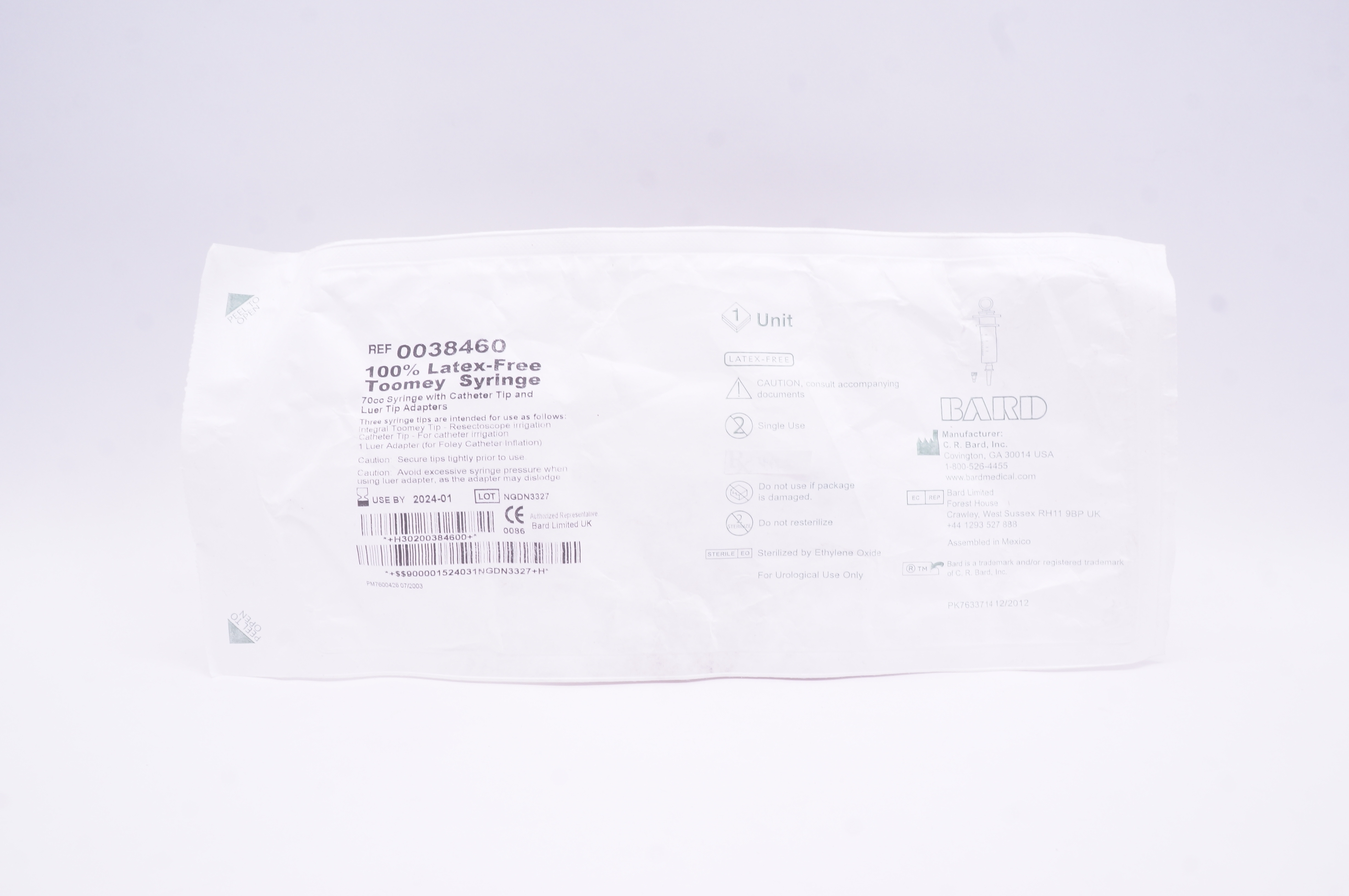 Bard 0038460 Toomey Syringe 70cc With Cath. Tip & Luer Tip Adapters