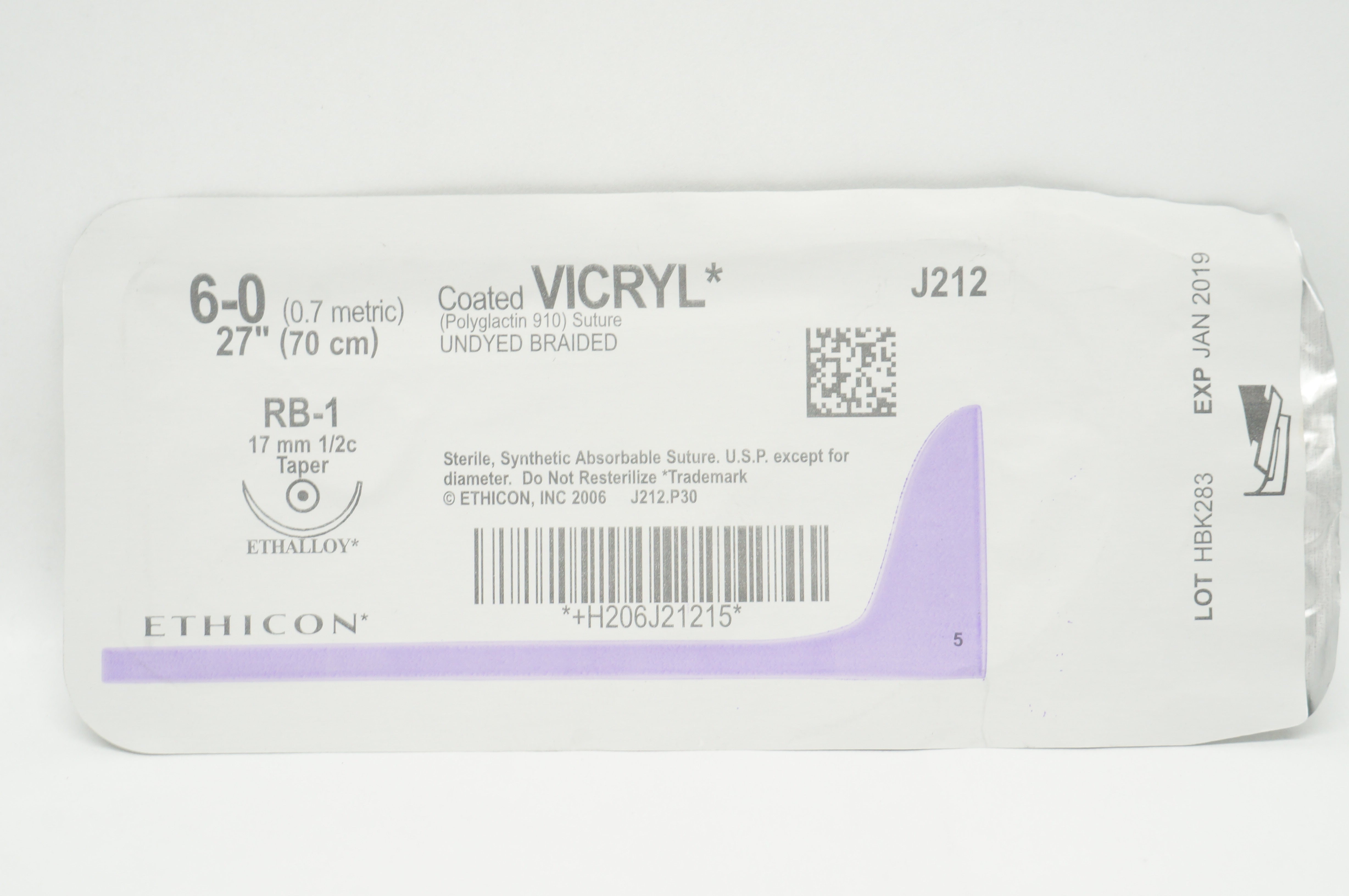 Ethicon J212 6- 0 VICRYL, RB-1, 17mm 1/2c Taper, 27inch (x)