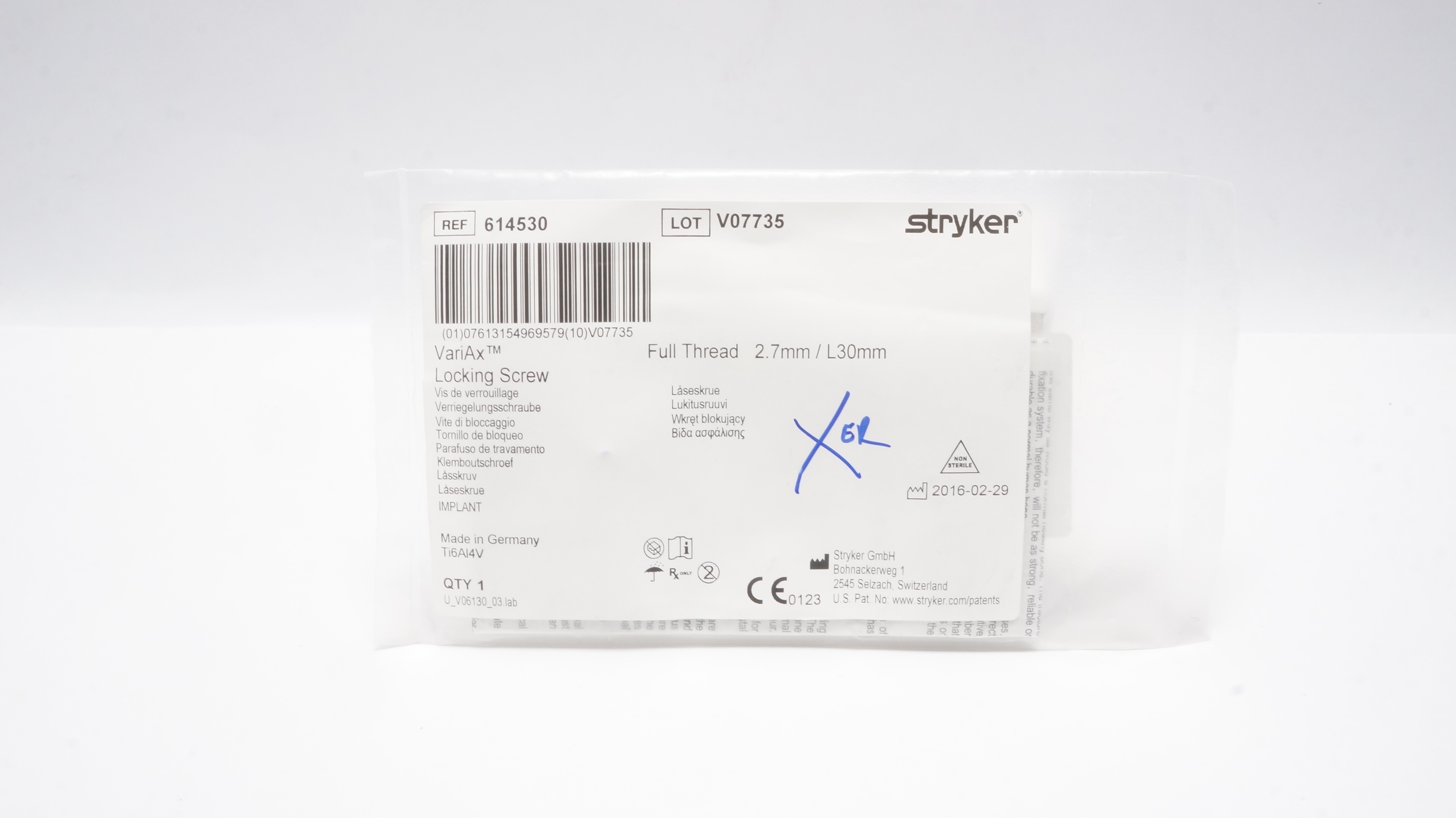 Stryker 614530 VariAx Locking Screw Full Thread 2.7mm/ L30mm