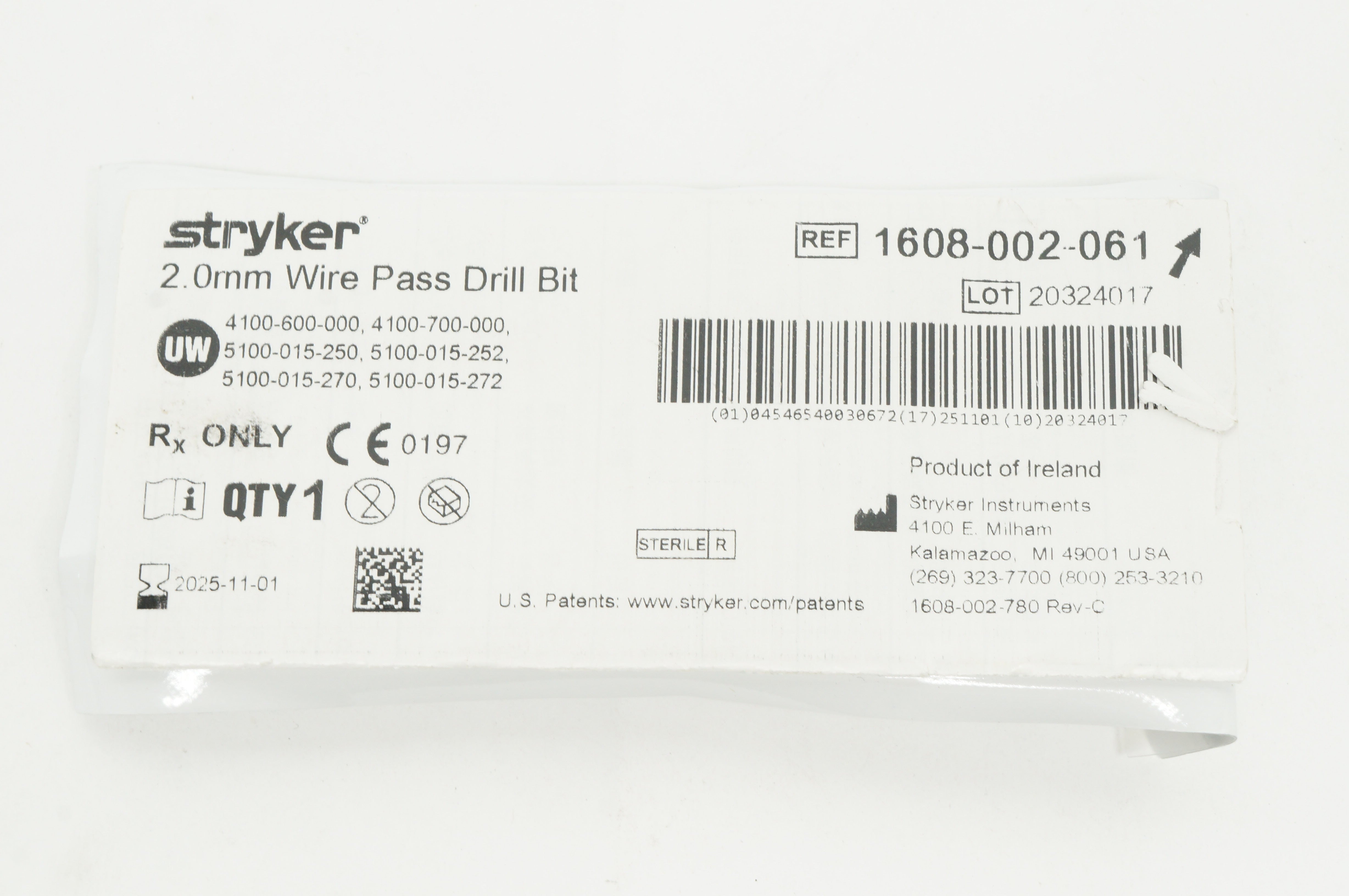 Stryker 1608002061 Wire Pass Drill Bit 2.0mm