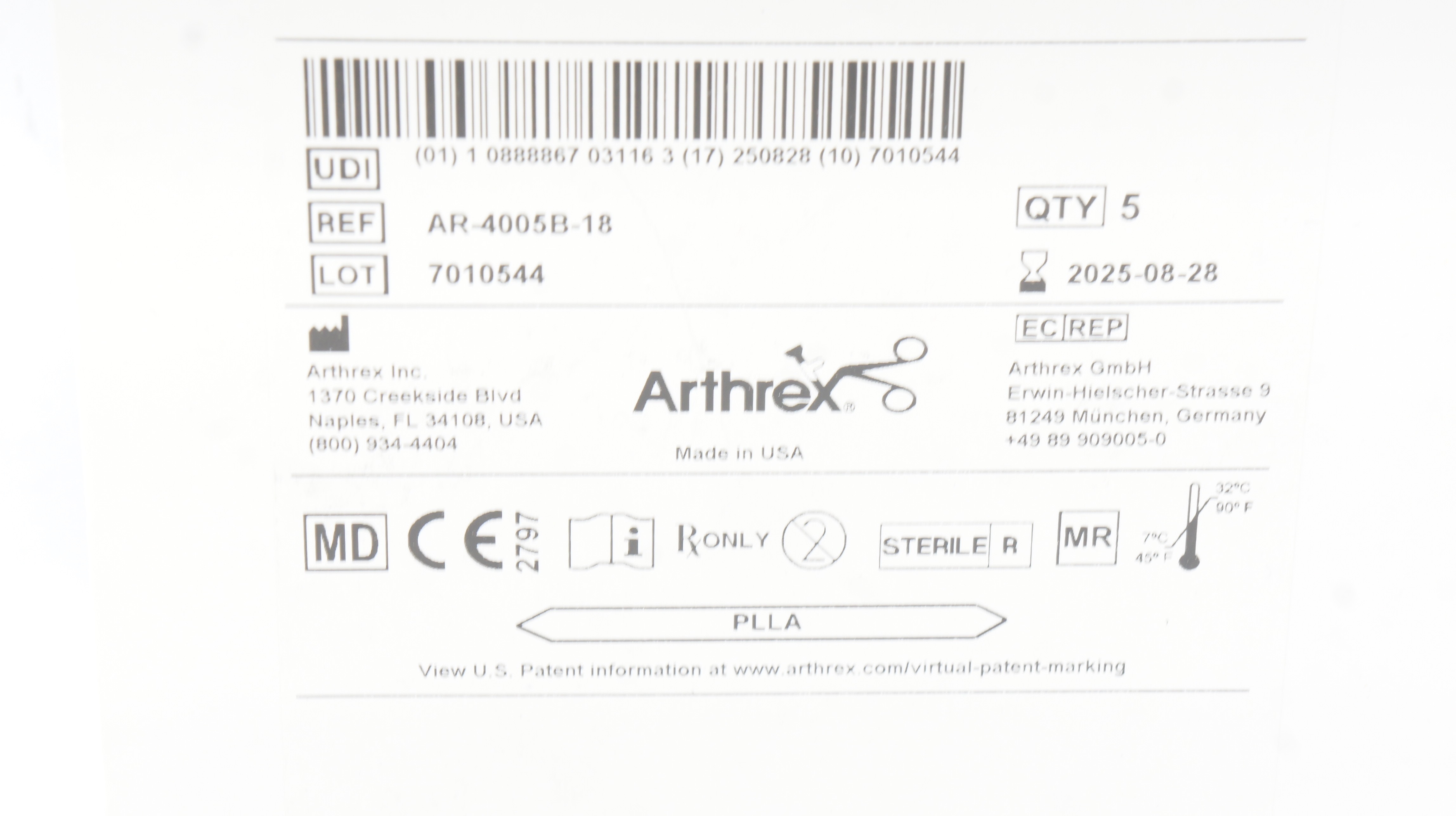 Arthrex AR-4005B-18 Chondral Dart Implants 1.3 x 18mm - Box of 5
