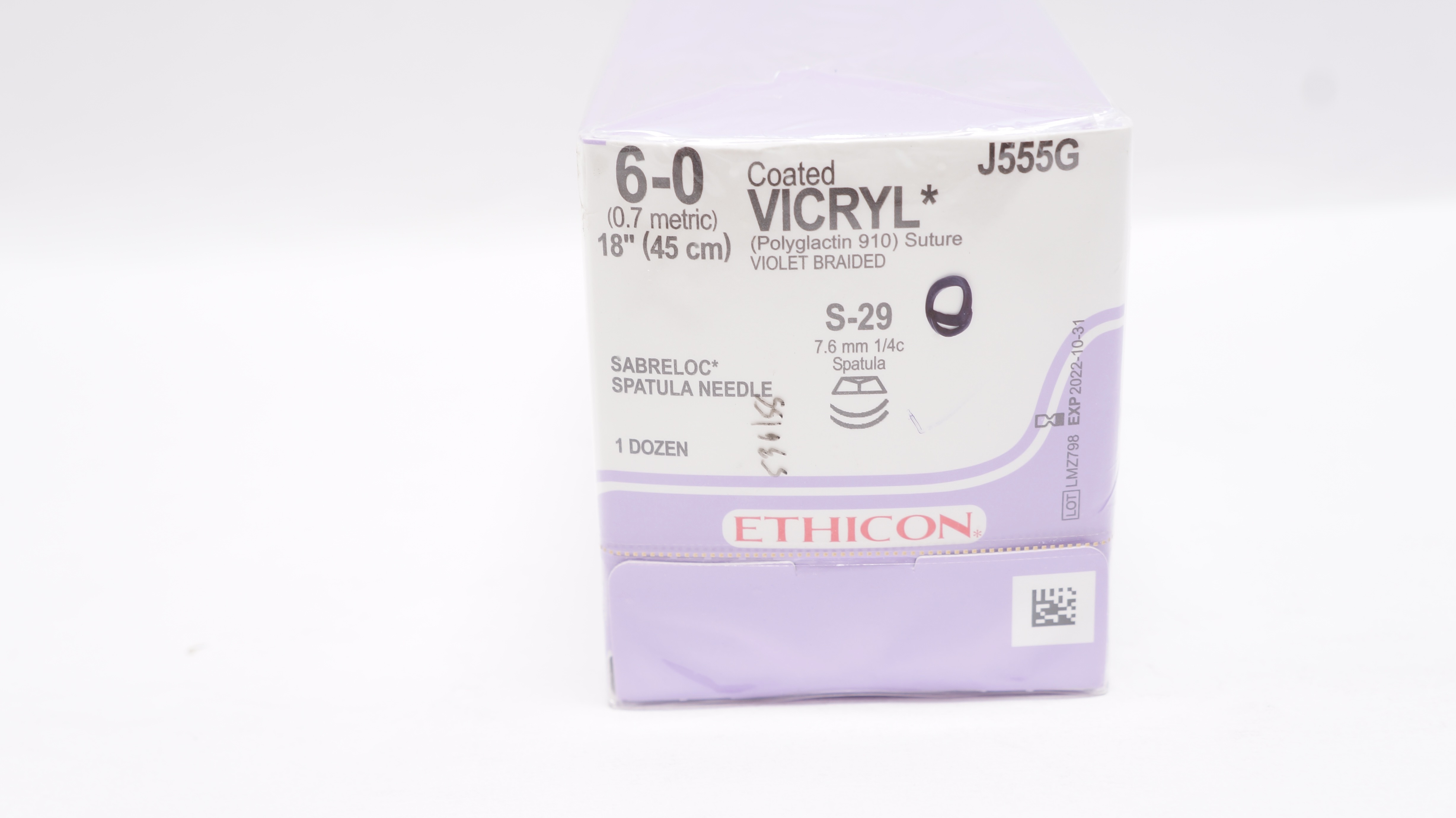 Ethicon J555G 6-0 Vicryl S-29 7.6 mm 1/4c Spatula 18In - Box of 12 (x)
