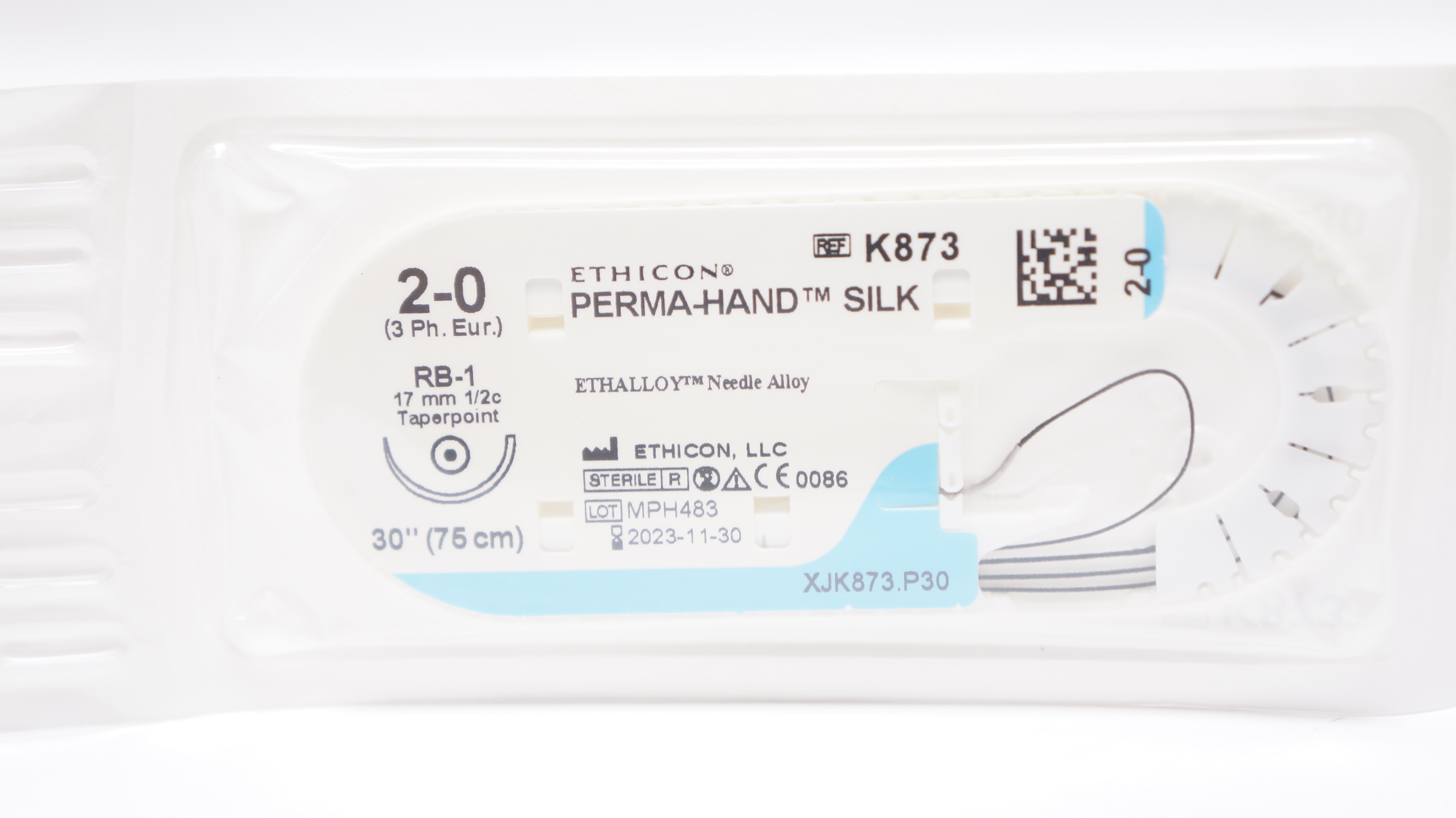 Ethicon K873 2-0 PERMA-HAND SILK Stre RB-1 17mm 1/2c Taperpoint, 30inch