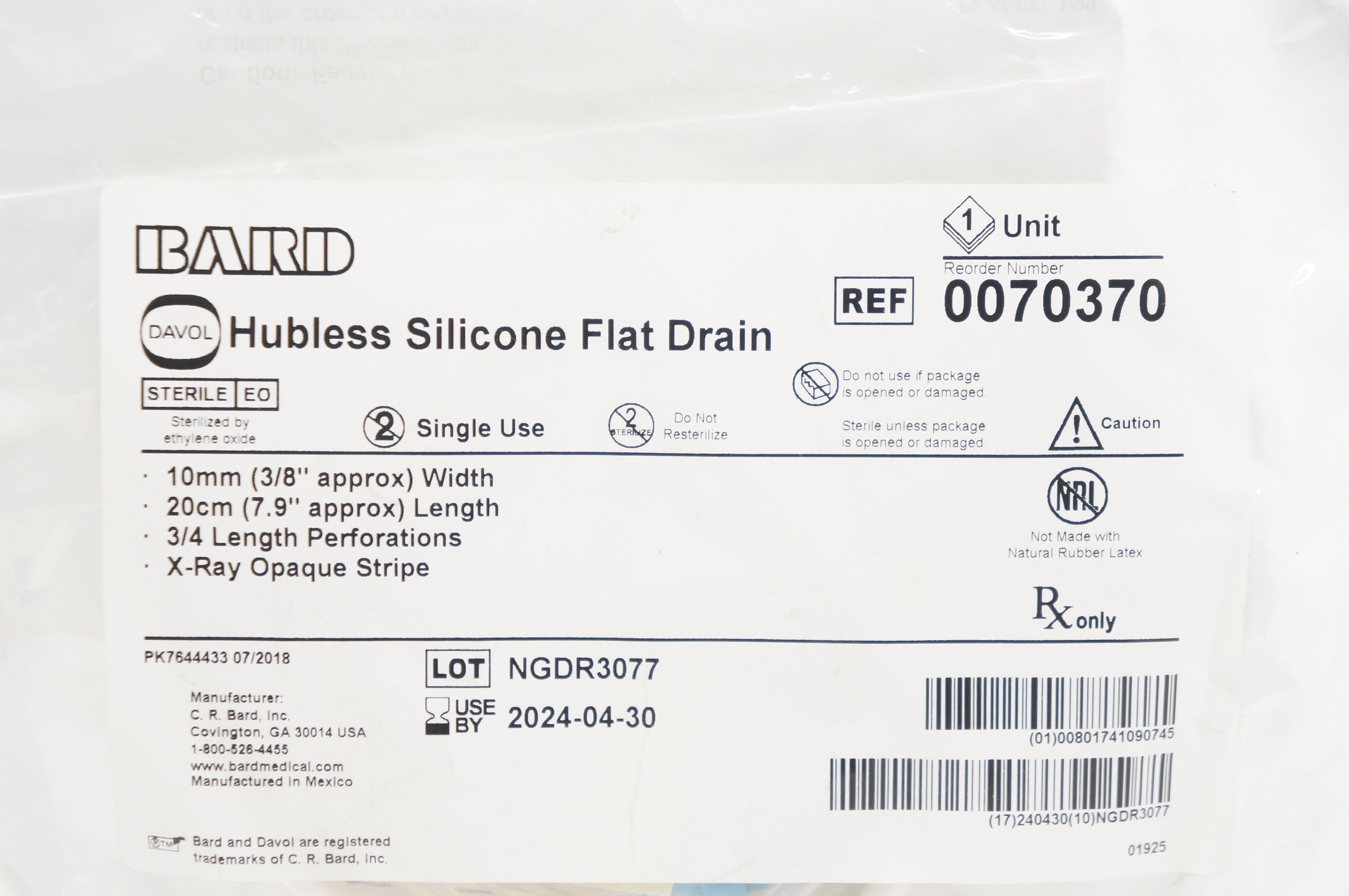 Bard 0070370 Davol Hubless Silicone Flat Drain 3/8 inch x 7.9 inch