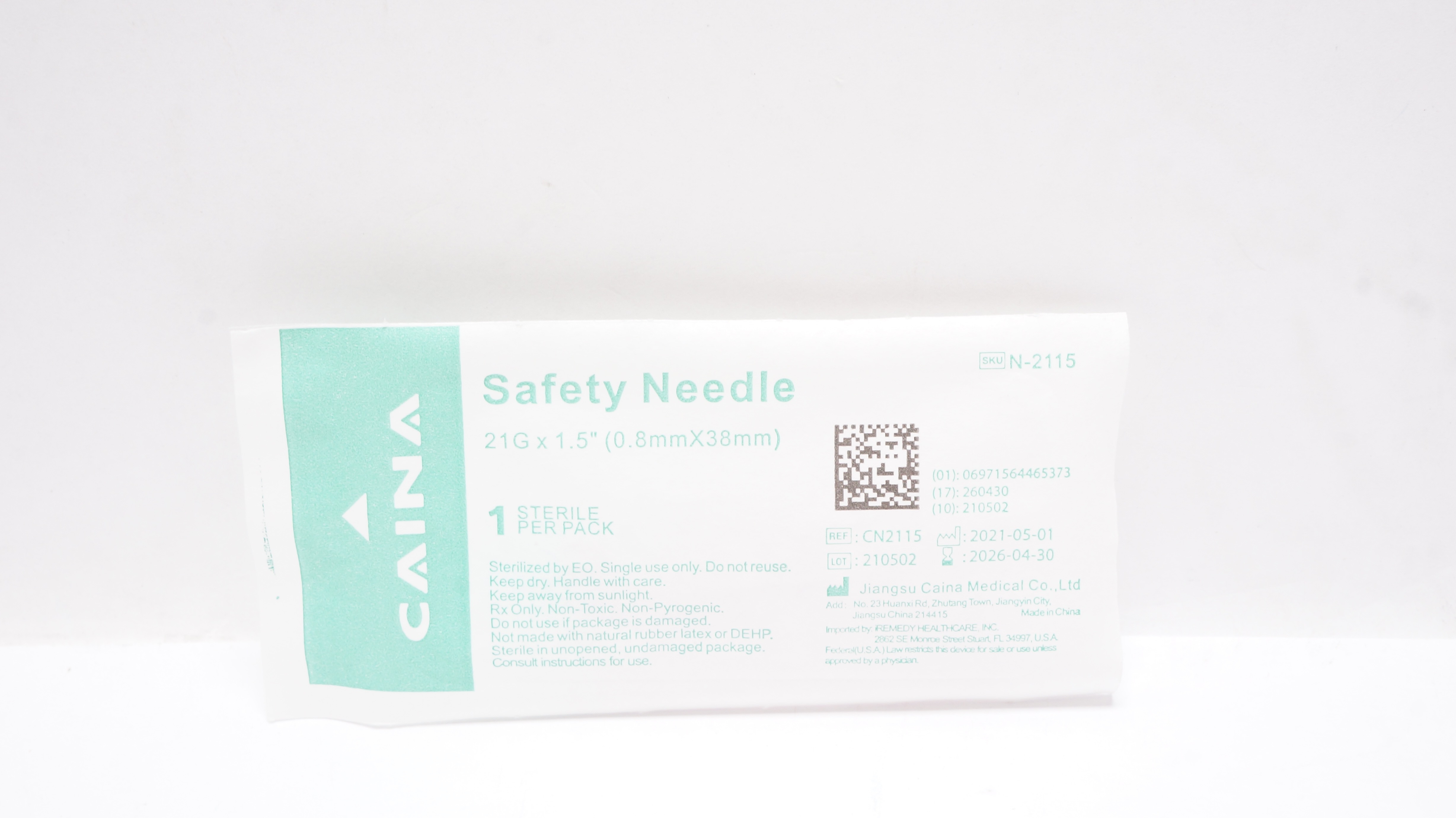 Jiangsu Chaina Medical N-2115 Safety Ndle 21G x 1.5inch