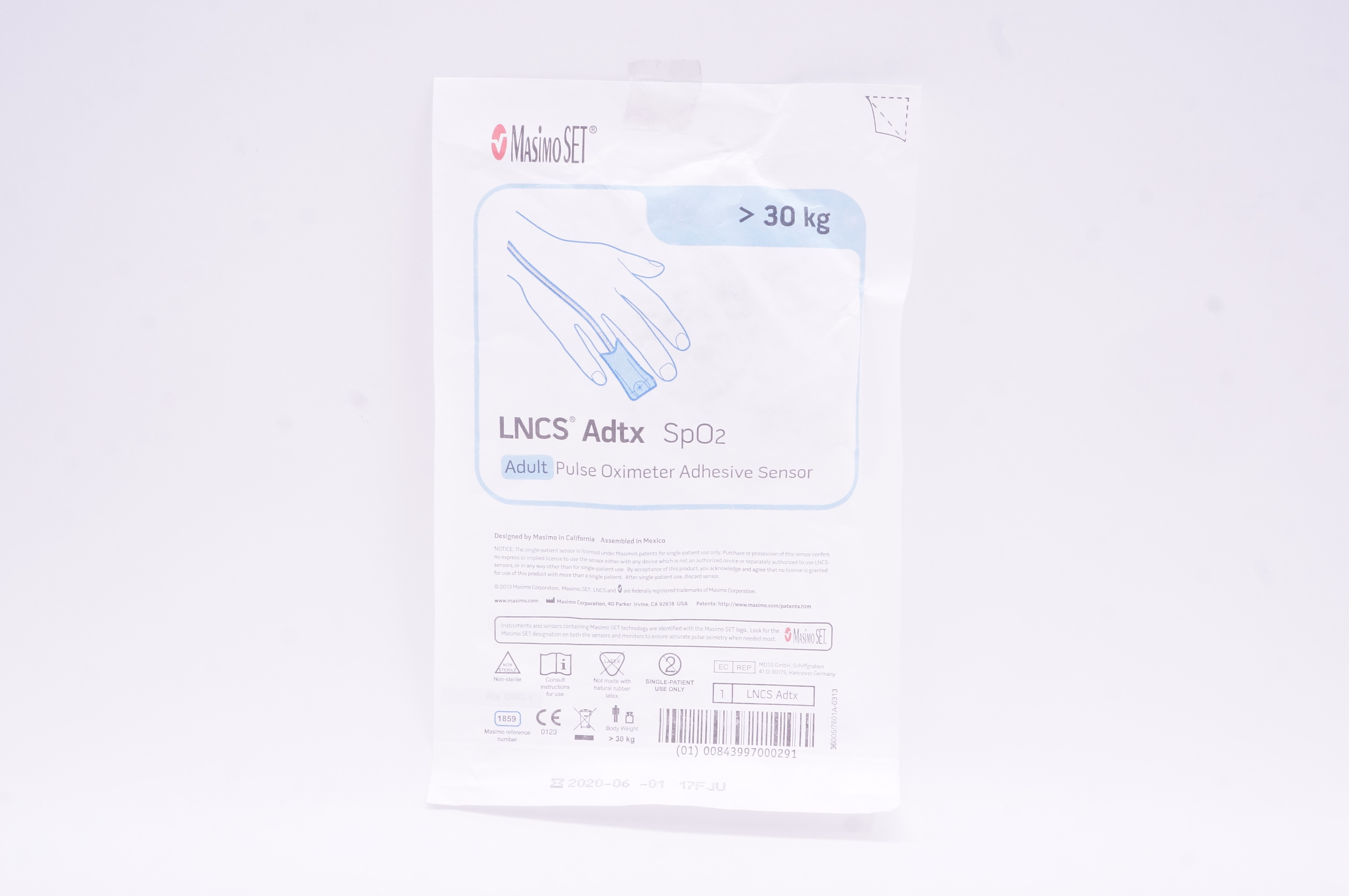 Masimo 1859 LNCS Adtx SpO2 Adult Pulse Oximeter Adhesive Sensor >30 kg (x)