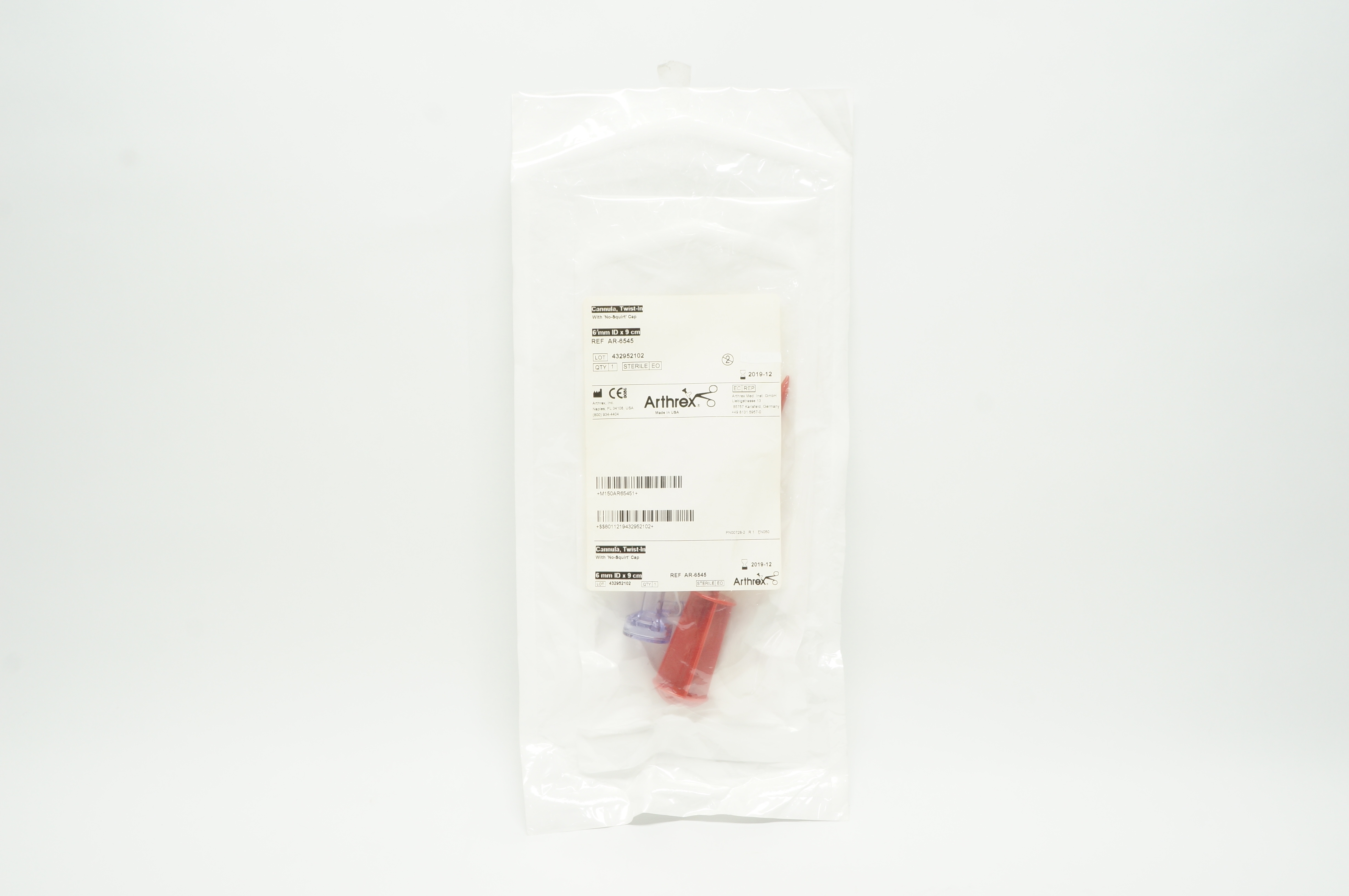 Arthrex AR-6545 Twist-In Cannula with Cap 6mm I.D. x 9cm (x)